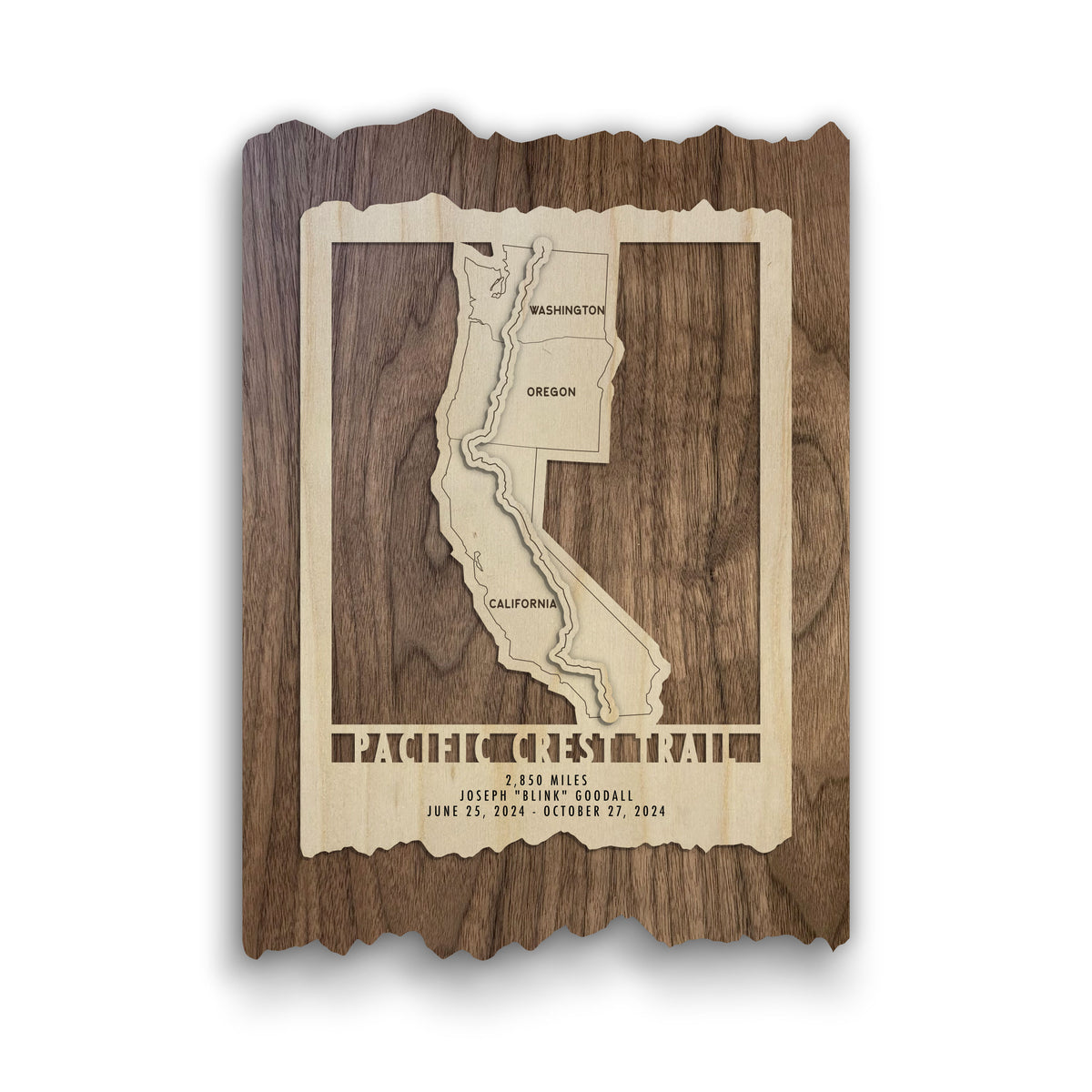 Pacific Crest Trail wood wall map featuring engraved trail route through California, Oregon, and Washington. Personalized gift for PCT hikers.