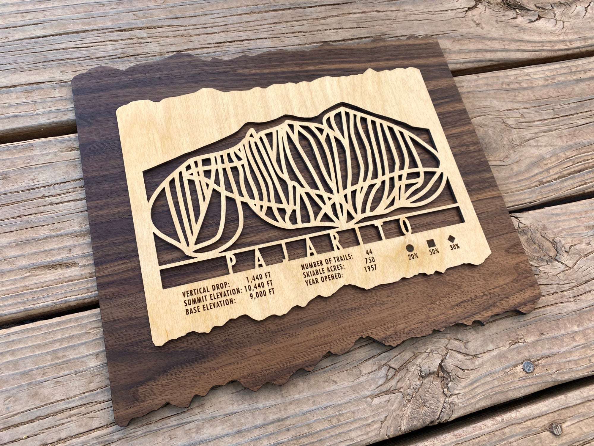 Wooden Pajarito Ski Trail Map by Mountaincut displayed on rustic wood background, perfect ski-themed wall decor for home or cabin.