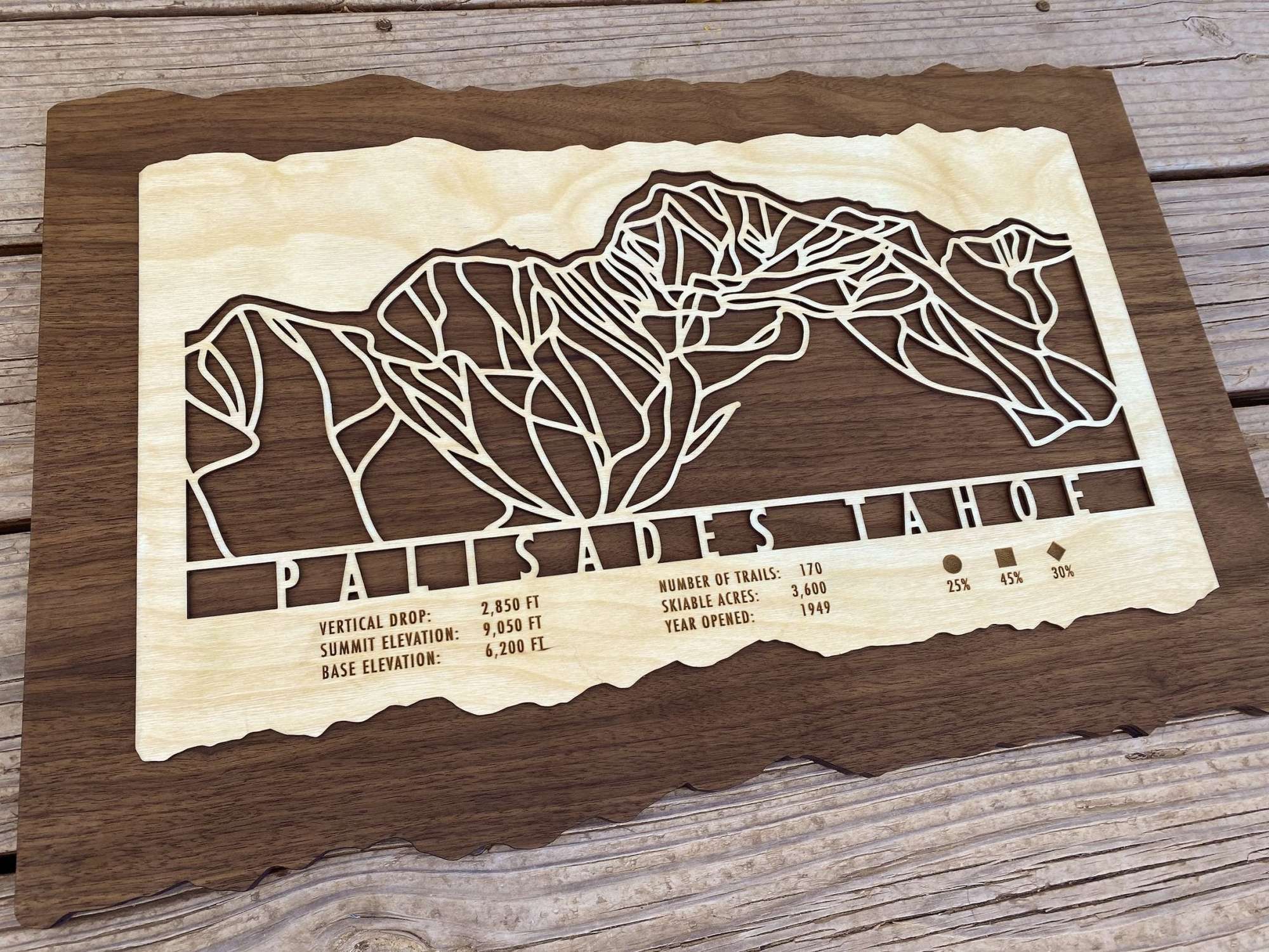 Angled view of Palisades Tahoe Ski Trail Map - Wood Ski Decor showing detailed ski trails and engraved resort information, perfect for home or office decor.