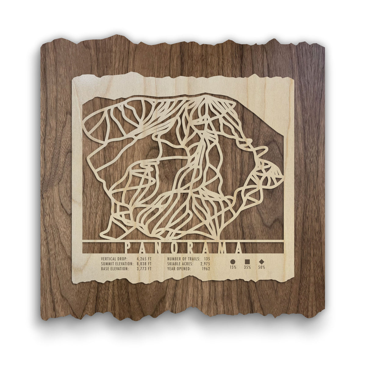 Panorama Ski Trail Map - Wood Ski Decor by Mountaincut featuring laser-cut ski runs on natural wood, ideal for ski home wall art.