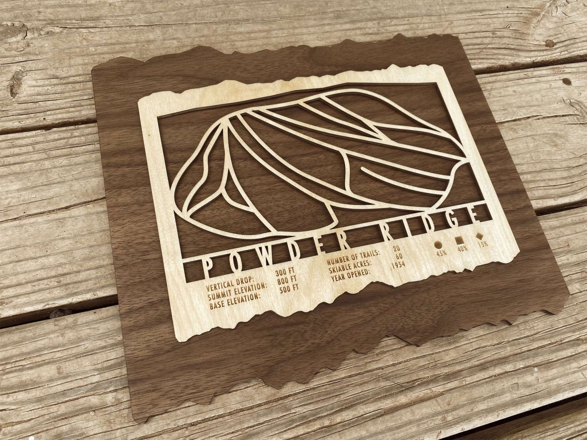 Laser-cut Powder Ridge Minnesota ski trail map on wood, perfect for rustic ski lodge wall decor or skier gift.