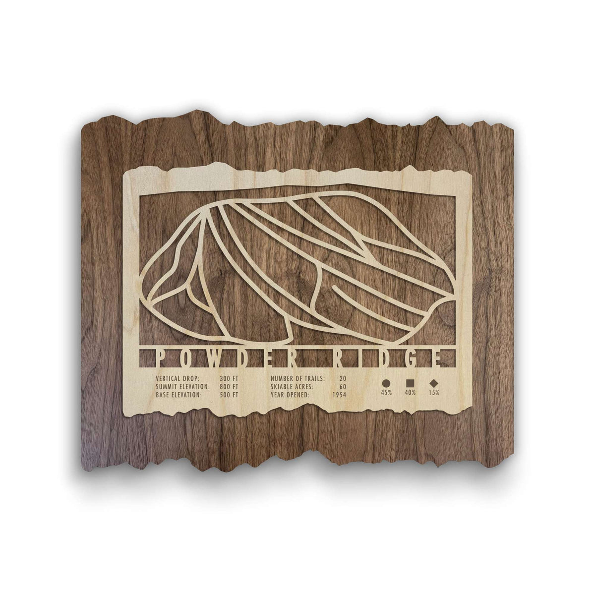 Powder Ridge Minnesota Ski Trail Map - Wood Ski Decor by Mountaincut featuring engraved trail lines and resort stats on rustic wood.
