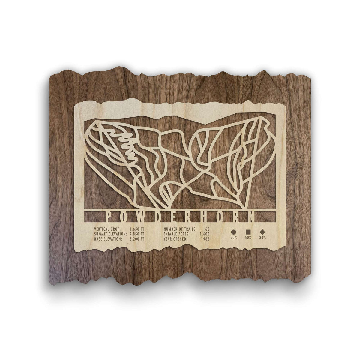 Powderhorn Ski Trail Map - Wood Ski Decor - Mountaincut wall art featuring laser-cut ski trails on rustic wood, ideal for Colorado ski homes.