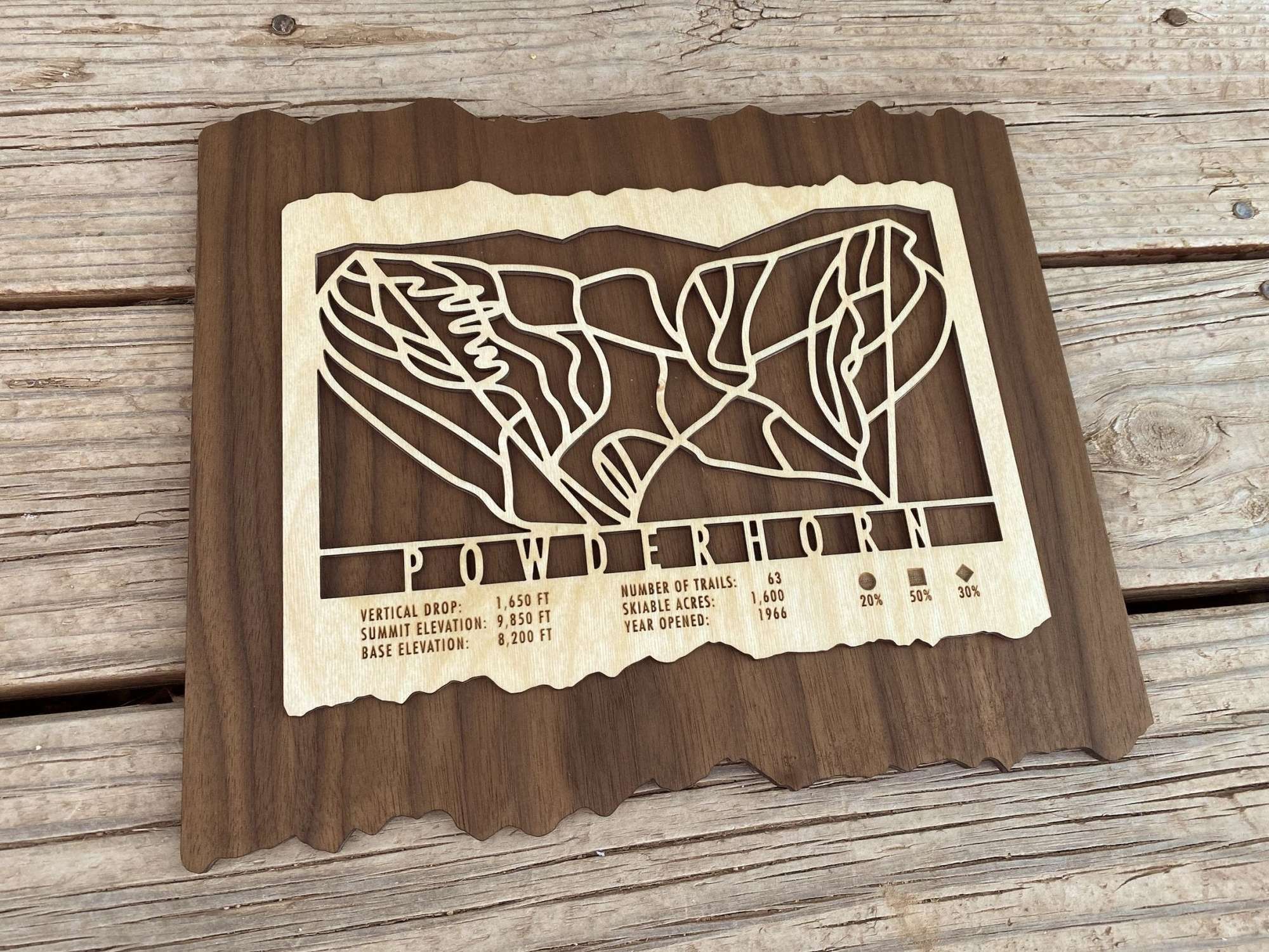 Wooden Powderhorn Ski Trail Map decor by Mountaincut, showcasing detailed ski runs and stats, perfect for lodge or mountain cabin display.