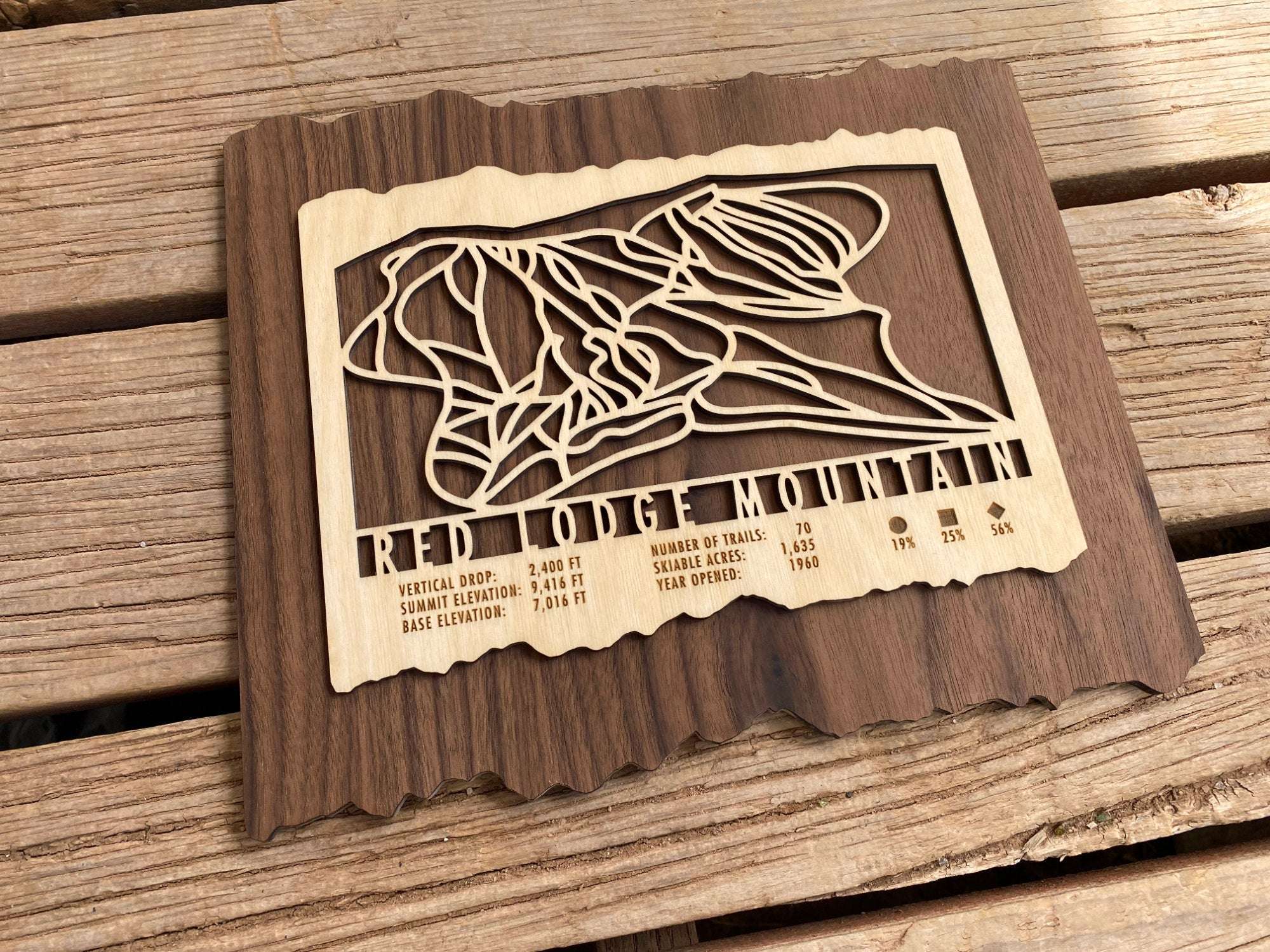 Red Lodge Mountain wood ski map decor displayed on wooden surface, showcasing engraved trail layout and mountain stats.