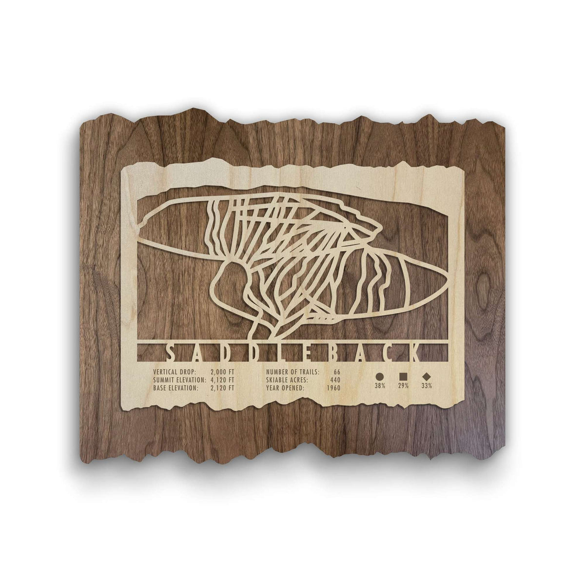 Saddleback Ski Trail Map - Wood Wall Decor by Mountaincut featuring laser-cut ski trails on rustic wood, ideal for ski lodge or home decor.