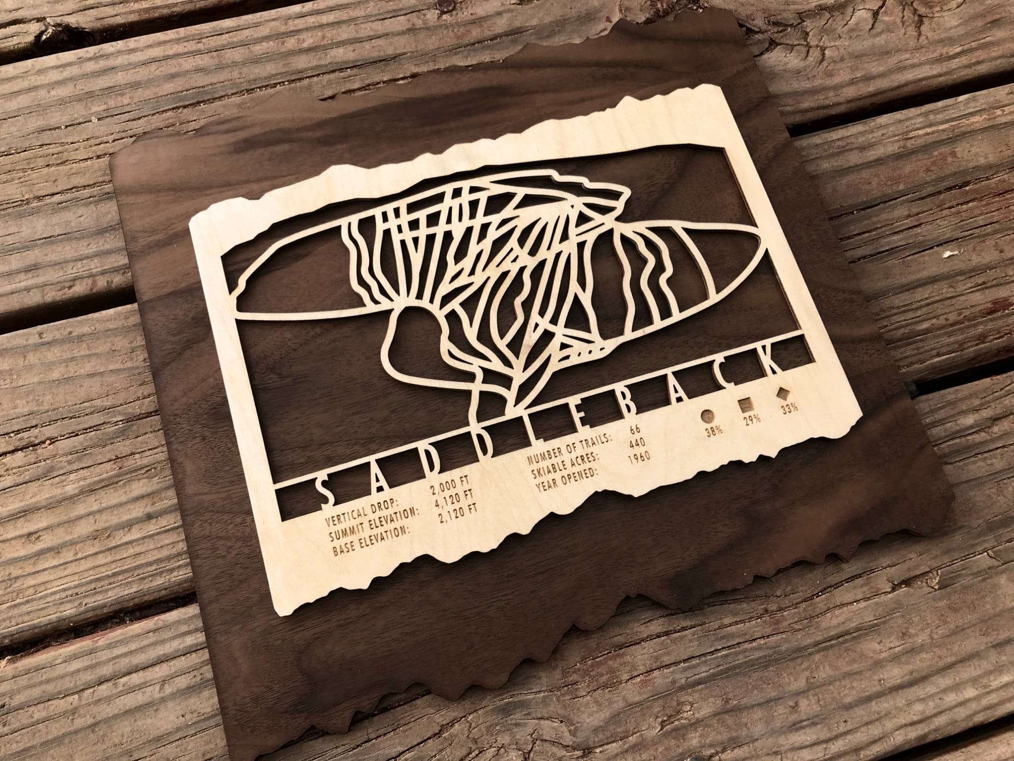 Rustic Saddleback Ski Trail Map wood wall art on wooden planks, perfect ski-themed decor for mountain homes and ski enthusiasts.