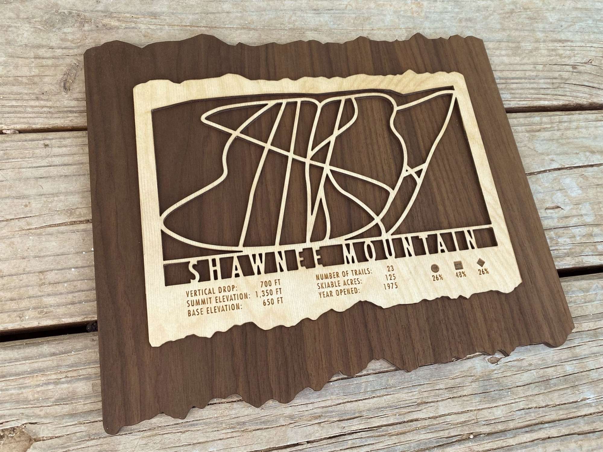 Angled view of Shawnee Mountain Ski Trail Map - Wood Wall Decor showing detailed trail lines and engraved resort information, perfect for home or cabin.