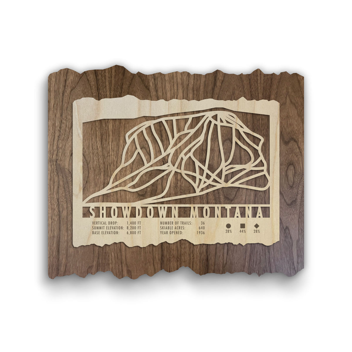 Showdown Ski Trail Map - Wood Wall Decor by Mountaincut featuring engraved ski runs and mountain stats on rustic wood, ideal for ski lodge decor.