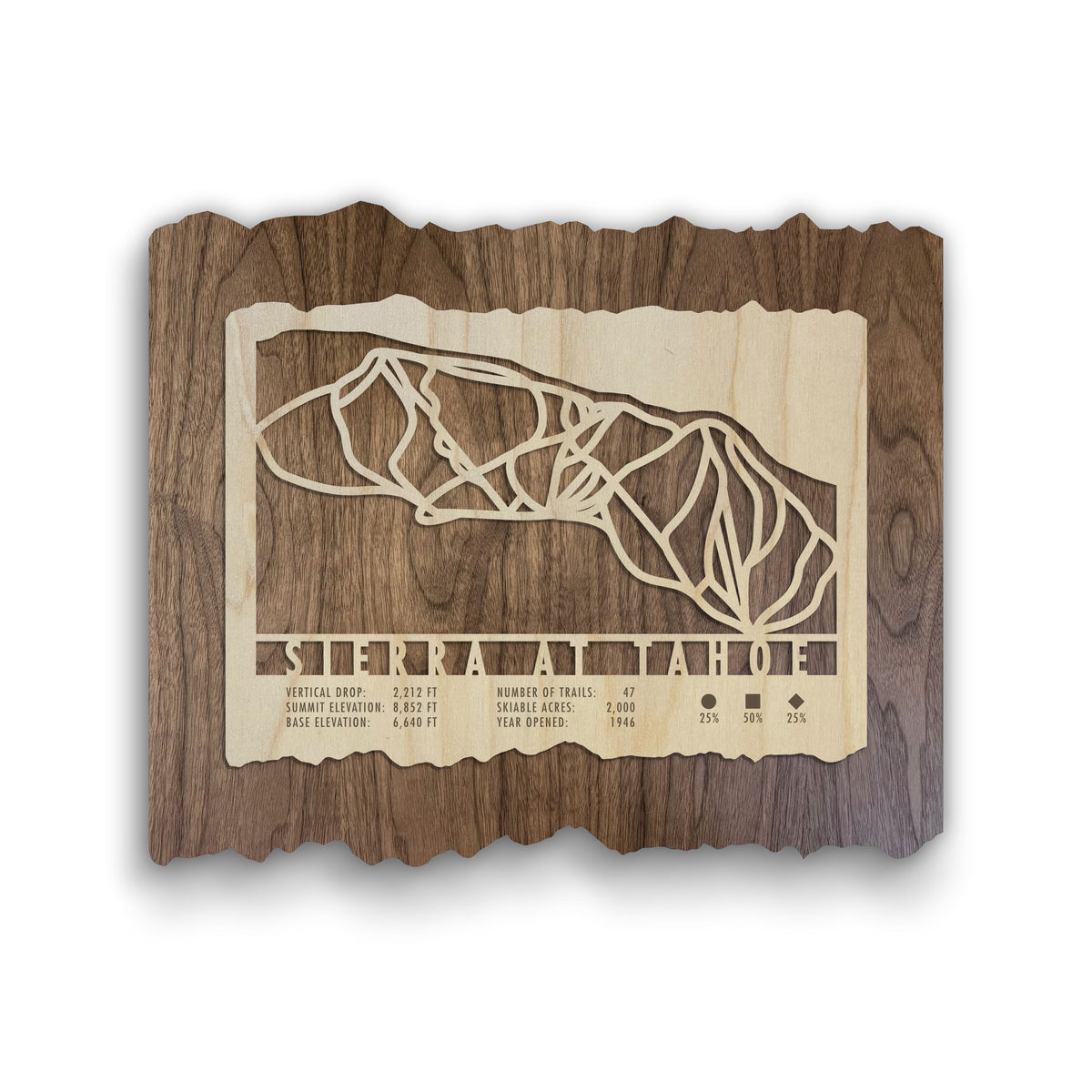 Sierra at Tahoe Ski Trail Map - Wood Wall Decor by Mountaincut featuring laser-cut ski runs and resort stats on rustic wood background.