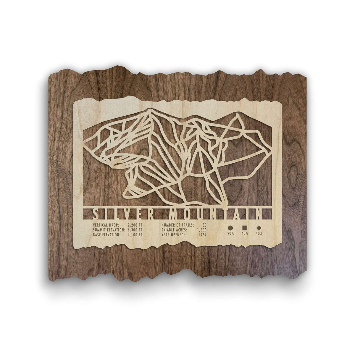 Silver Mountain Ski Trail Map - Wood Wall Decor by Mountaincut featuring intricate ski runs carved into natural wood, ideal for ski lodge decor.