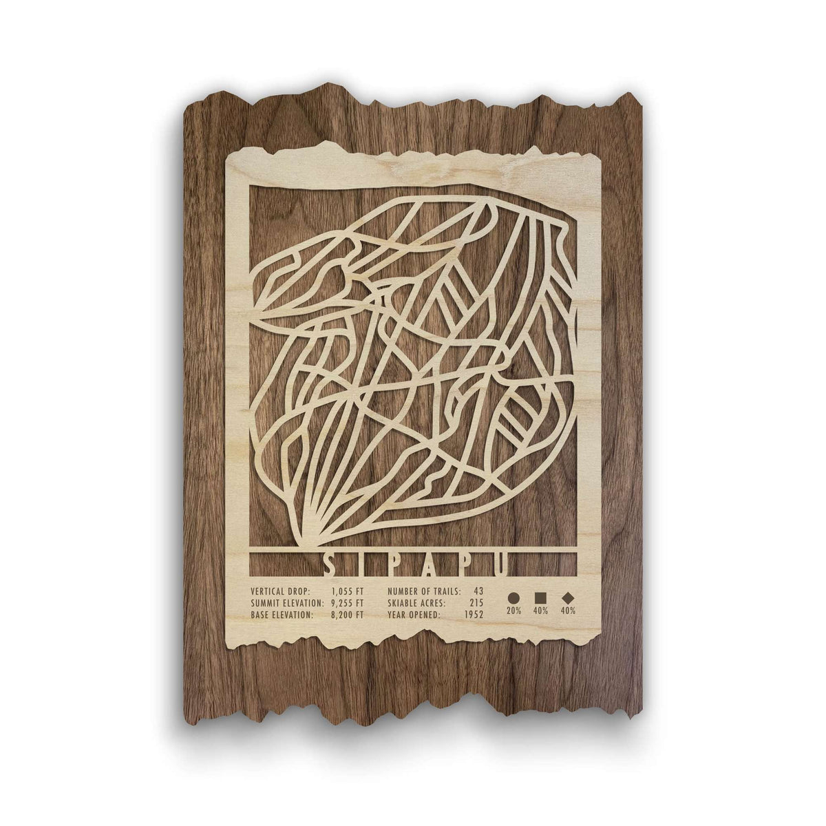 Sipapu Ski Trail Map - Wood Wall Decor by Mountaincut featuring laser-cut ski runs on natural wood, ideal for rustic ski-themed home decor.