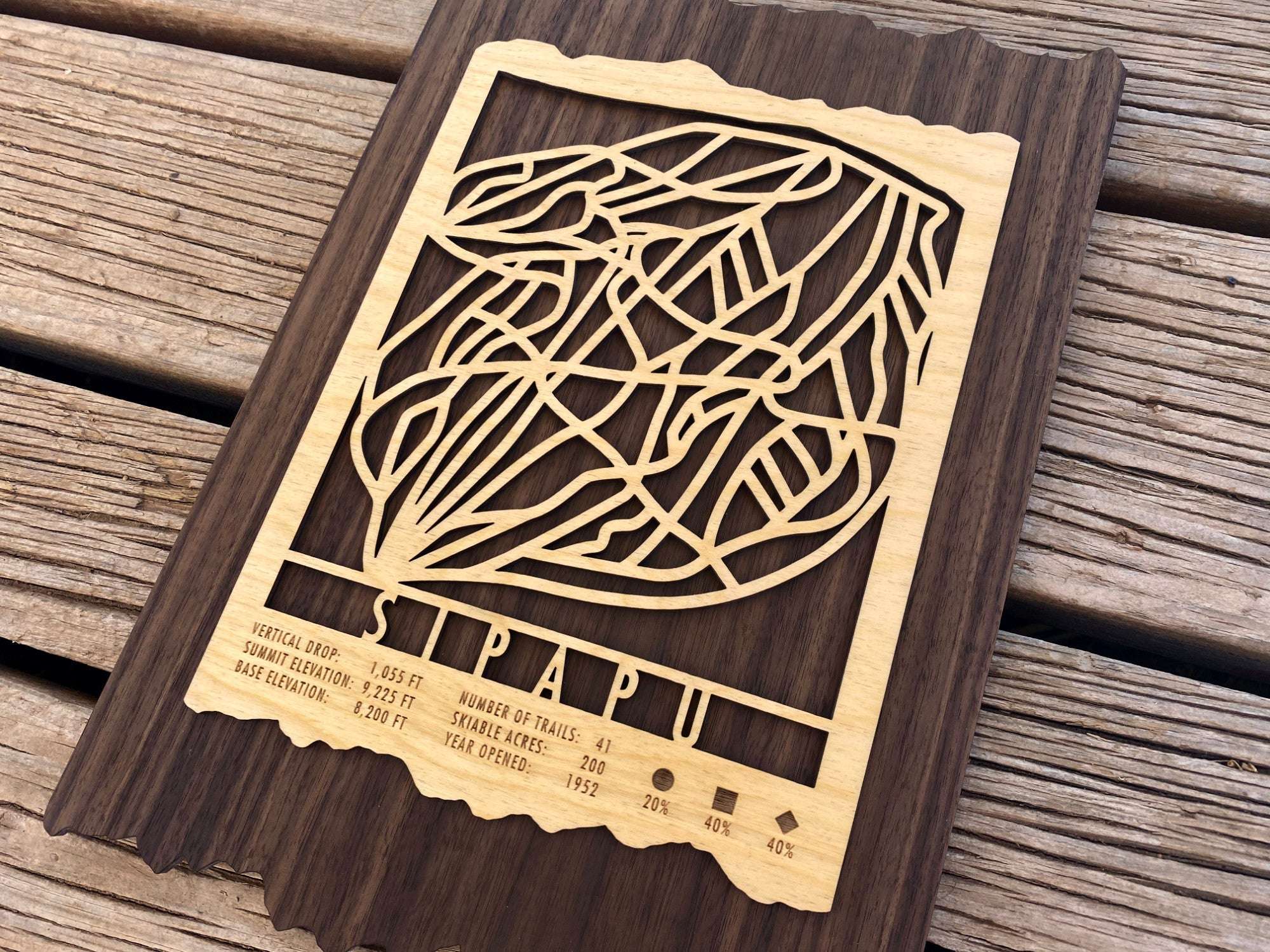 Wooden Sipapu Ski Trail Map wall art with detailed ski run design, perfect for New Mexico ski lovers and mountain cabin decoration.