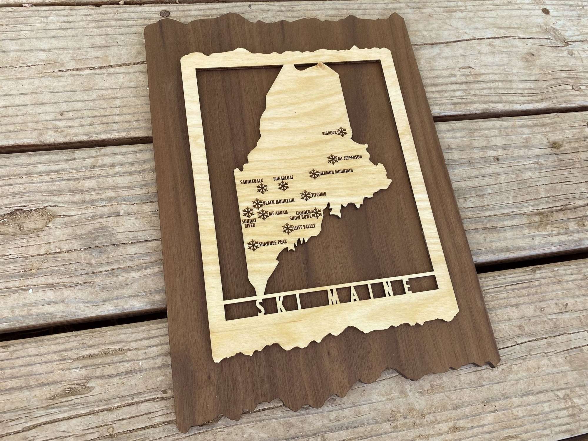 Wood Ski Maine map decor by Mountaincut showing engraved ski resorts in Maine, perfect rustic artwork for home or cabin wall display.