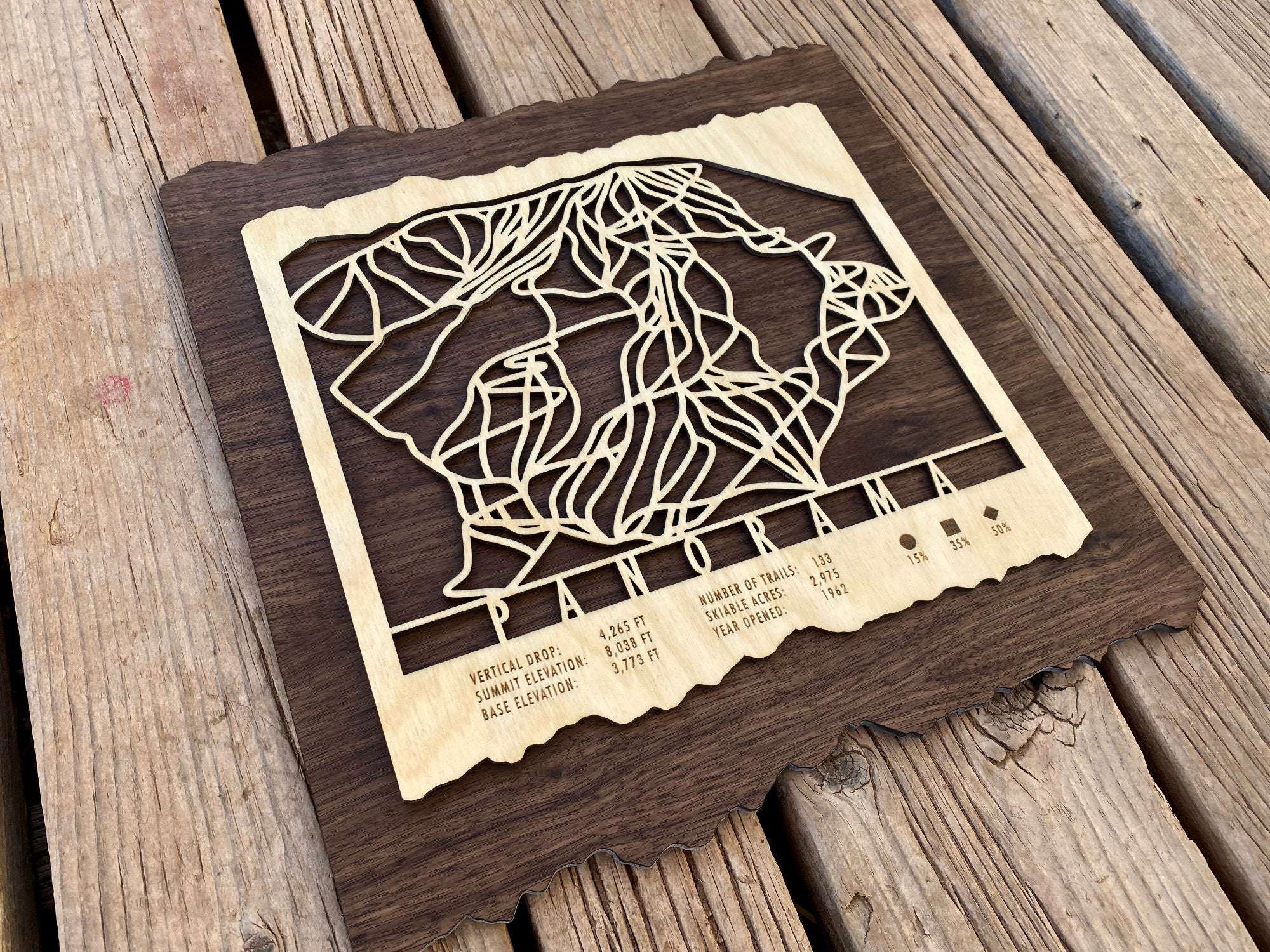 Wooden Panorama ski trail map decor with detailed ski runs, perfect for Canadian ski lovers and rustic home wall displays.