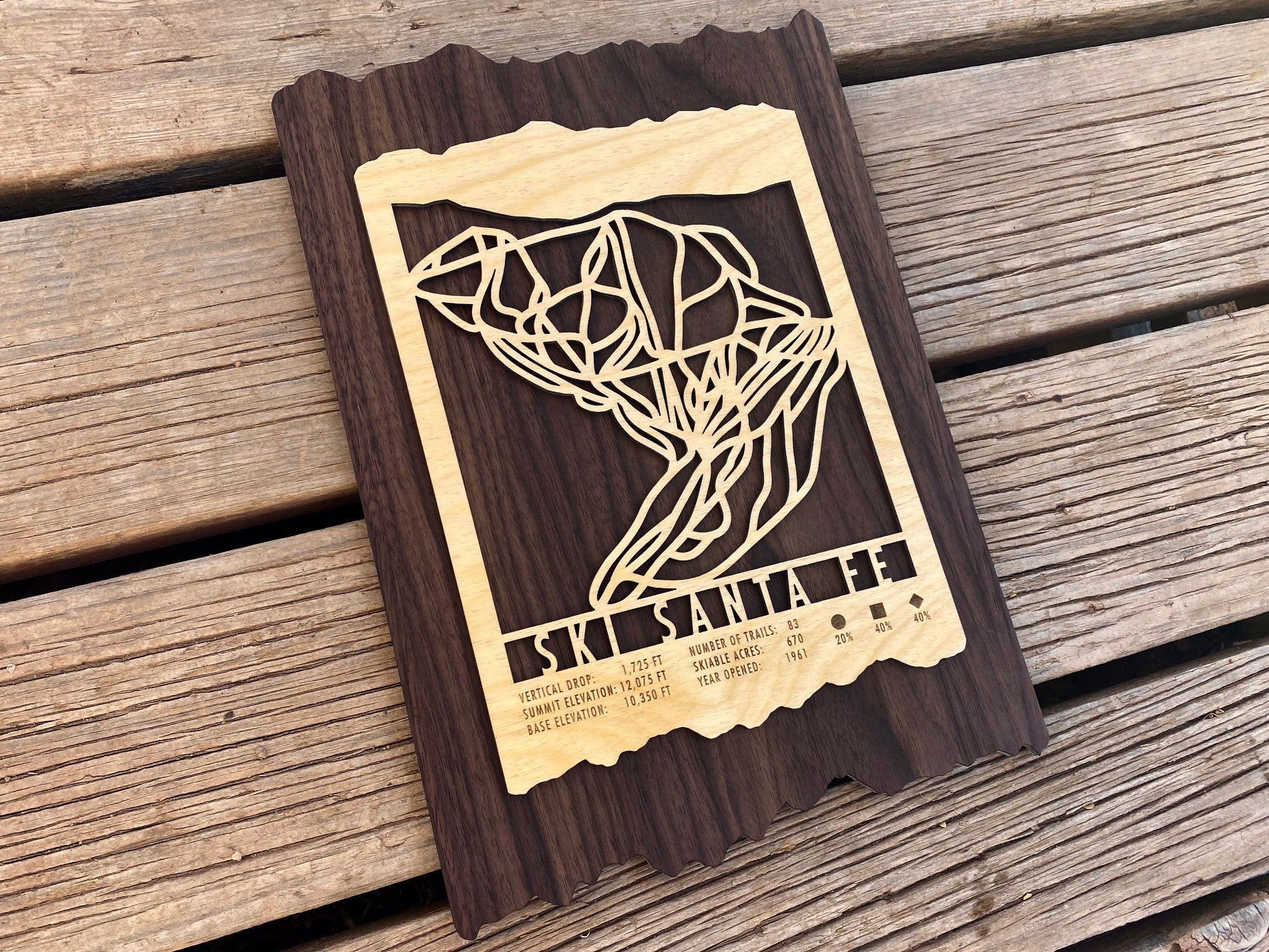 Angled view of Ski Santa Fe Trail Map ski decor showing detailed laser-cut ski trails and engraved resort information on dark wood background.