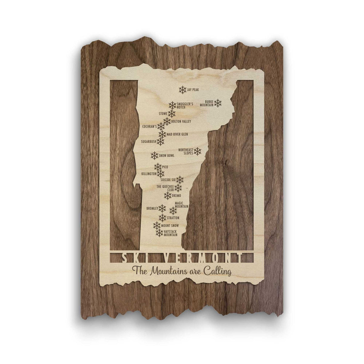 Ski Vermont Ski Resort Map - Wood Ski Decor - Mountaincut featuring engraved Vermont ski areas on rustic wood with custom text option.