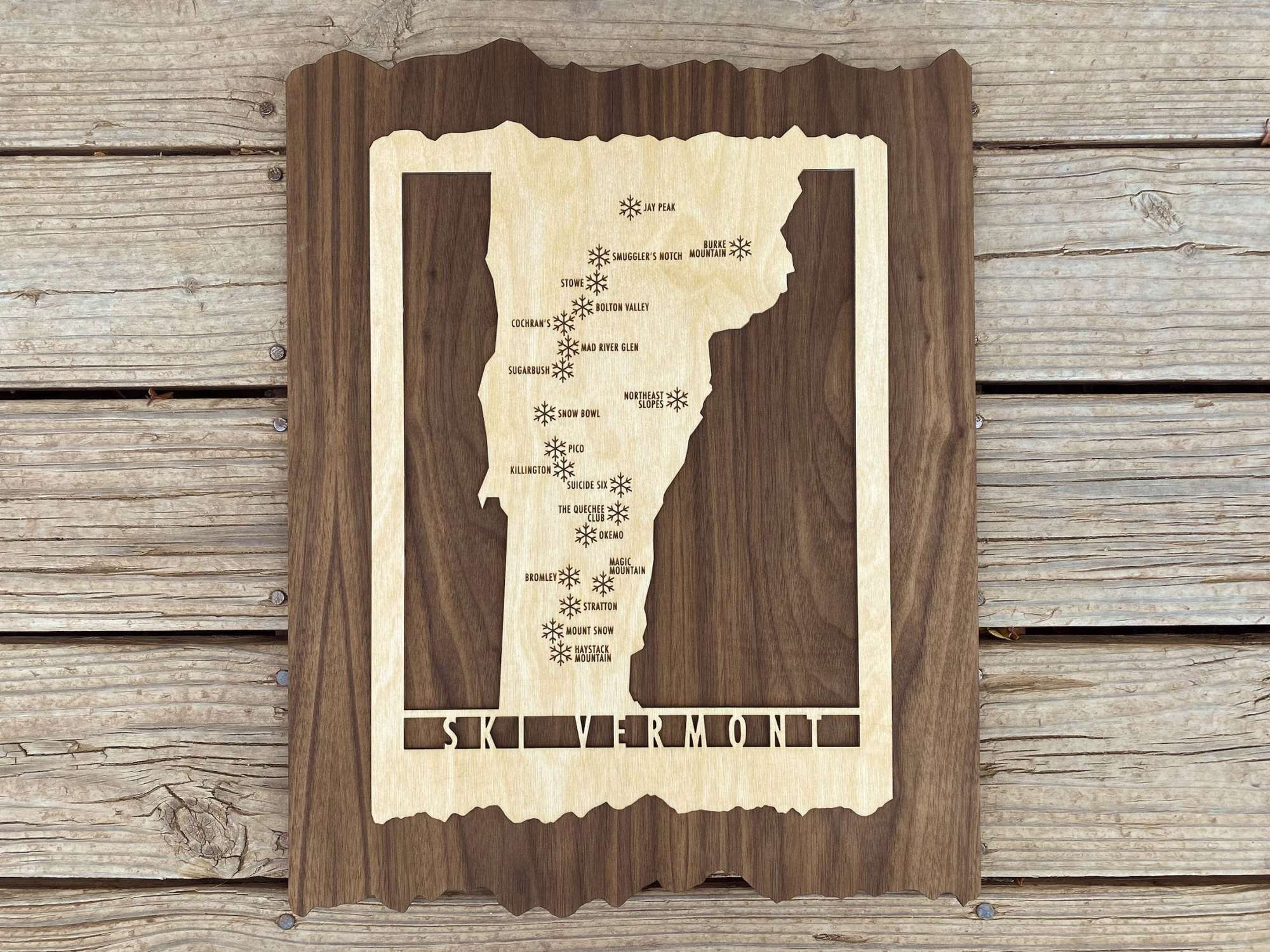 Full view of engraved Ski Vermont wood decor showing all major ski resorts, ideal for rustic home or cabin display.
