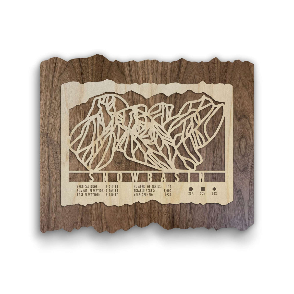 Snowbasin Ski Trail Map - Wood Wall Decor by Mountaincut featuring intricate laser-cut trails and resort stats on rustic wood background.