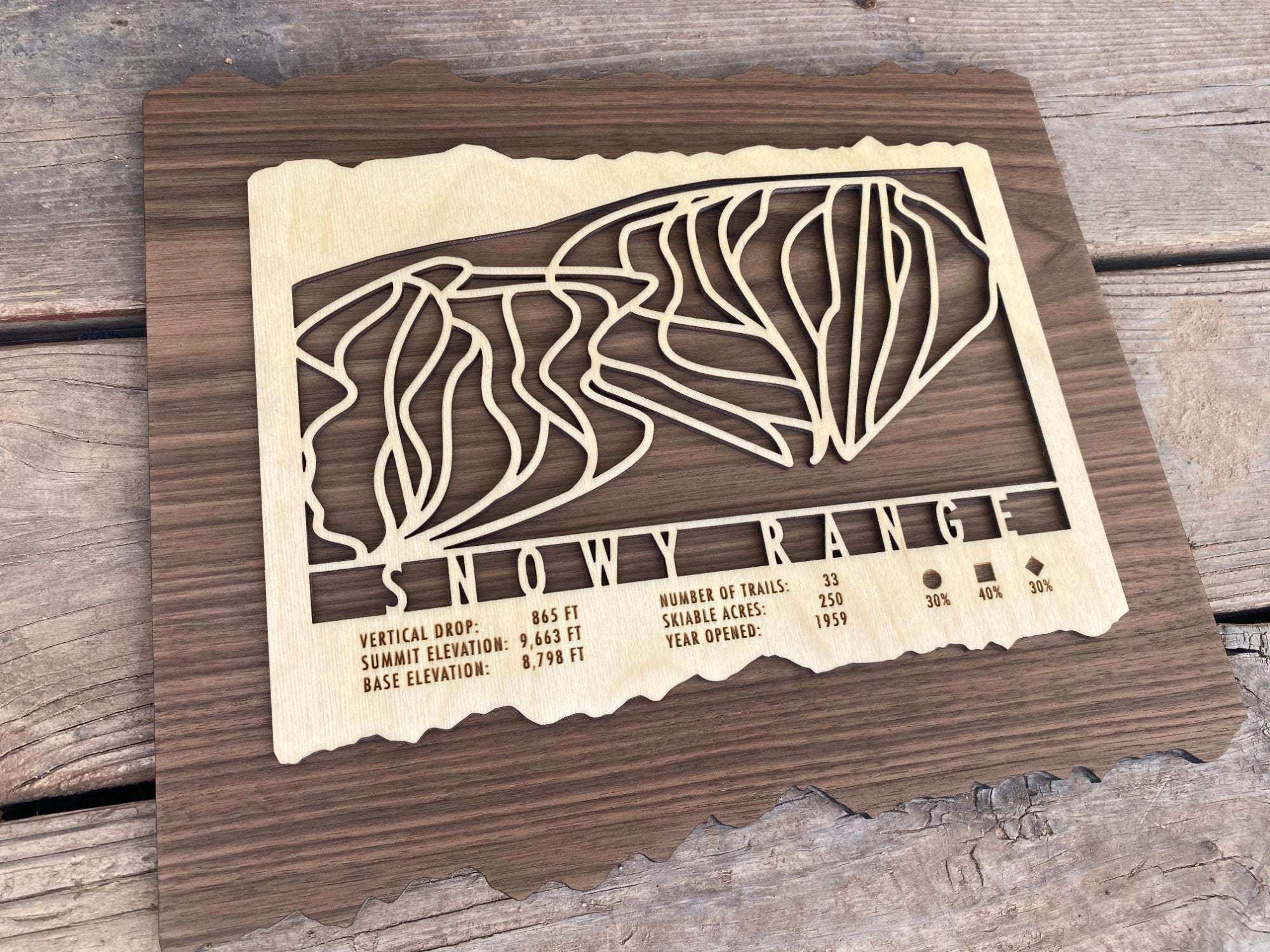 Angled view of Snowy Range Ski Trail Map - Wood Wall Decor showing detailed cutout trails and engraved stats, perfect for home or cabin display.