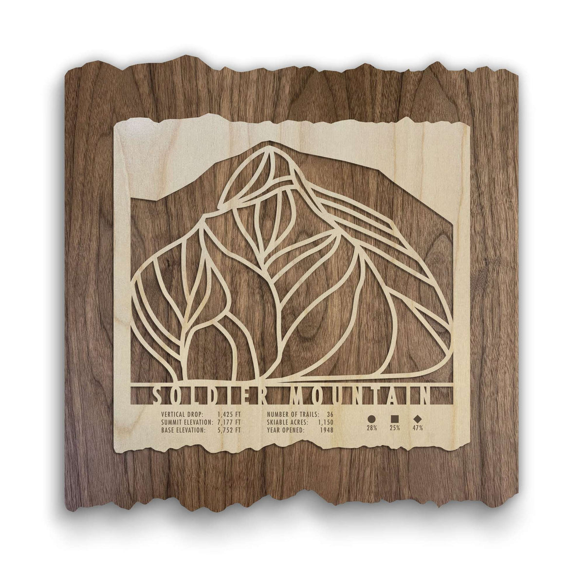 Soldier Mountain Ski Trail Map - Wood Wall Decor by Mountaincut featuring laser-cut trail lines and mountain silhouette on dark wood background.