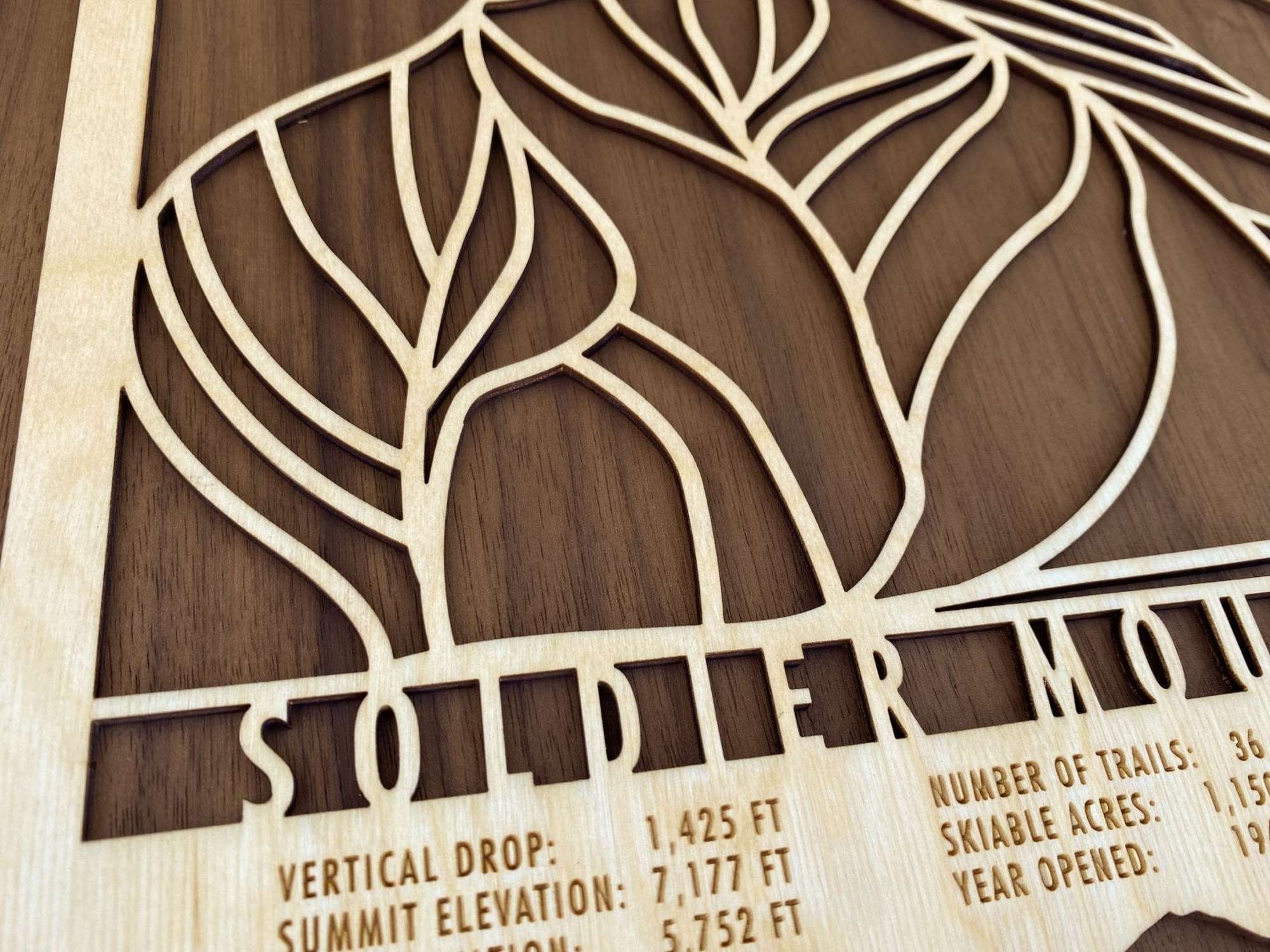 Close-up of Soldier Mountain Ski Trail Map wood decor showing precision laser-cut trails and engraved elevation details.