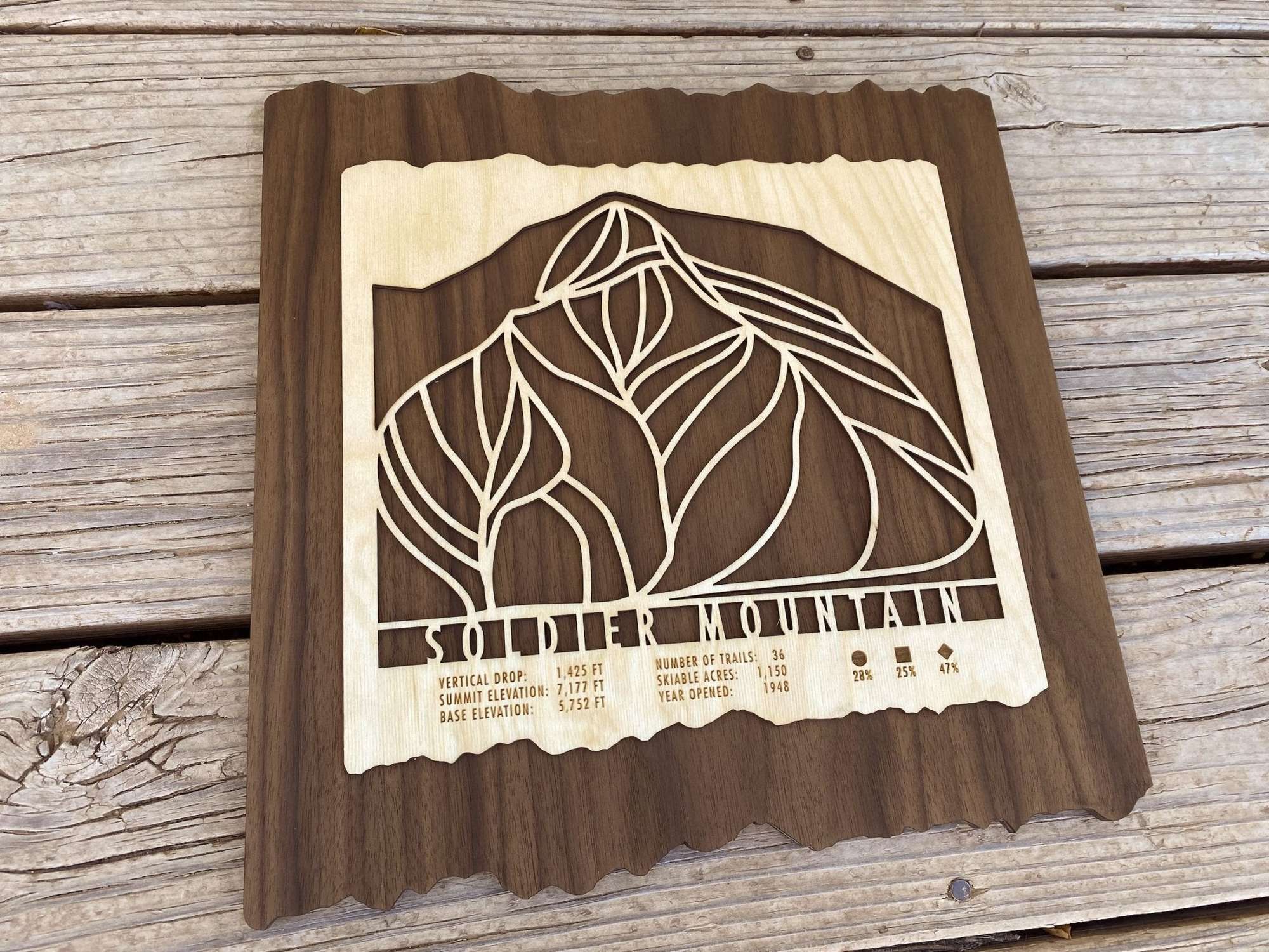 Rustic wood wall art of Soldier Mountain Ski Trail Map with engraved trail stats, ideal for ski lodge or home decor.