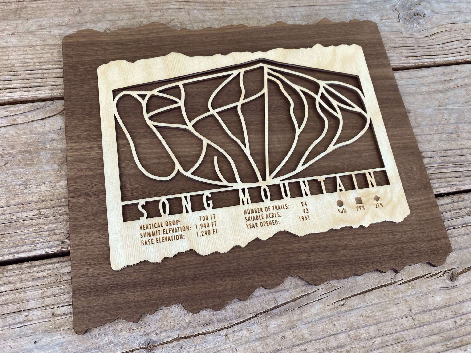 Angled view of Song Mountain Ski Trail Map - Wood Wall Decor showing detailed trail cutouts and engraved resort information on layered wood.