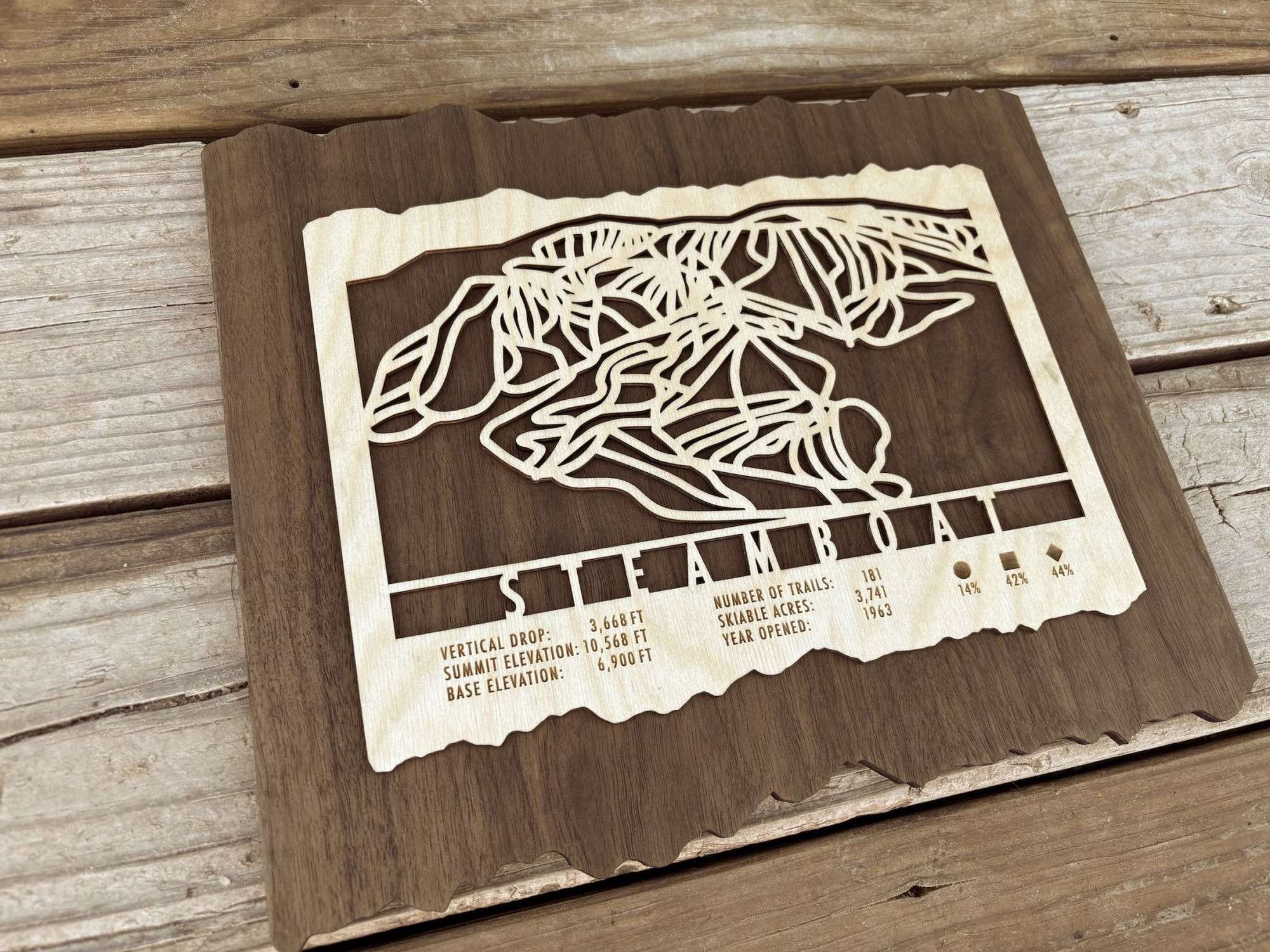Angled view of Steamboat Ski Trail Map - Wood Wall Decor showing detailed cutout design and engraved trail information on natural wood.