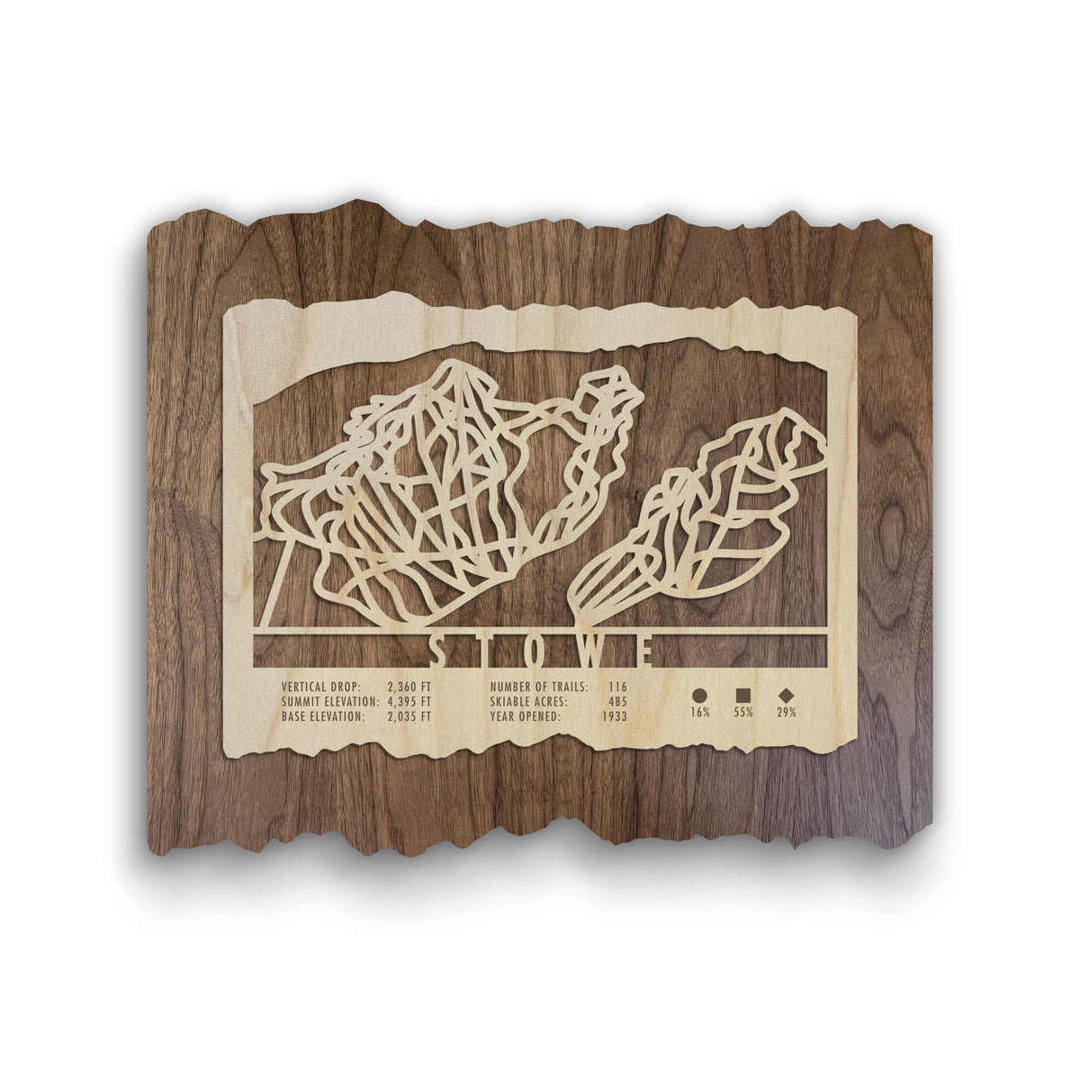 Stowe Ski Trail Map - Wood Wall Decor by Mountaincut featuring laser-cut ski trails on natural wood, ideal for rustic home or lodge decor.