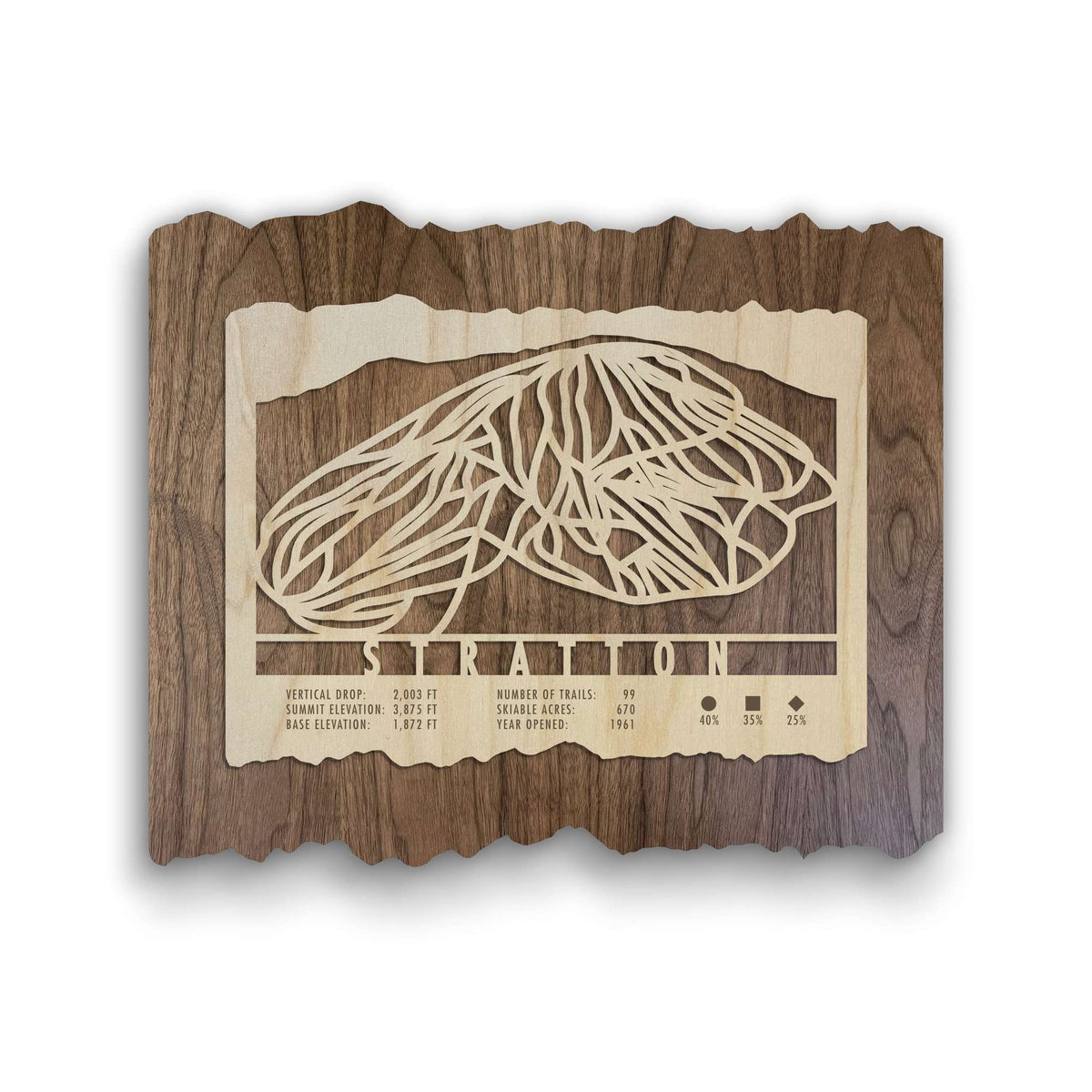 Stratton Ski Trail Map - Wood Wall Decor - Mountaincut featuring laser-cut ski trails on rustic wood, ideal for Vermont ski lodge or home decor.