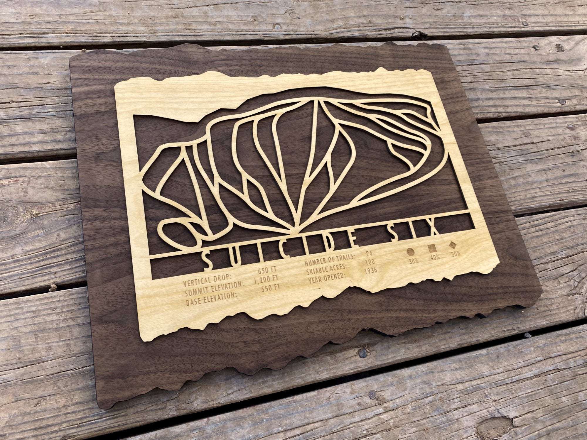Wooden Suicide Six Ski Trail Map decor by Mountaincut displayed on a wooden surface, showcasing detailed trail layout and engraved resort data.