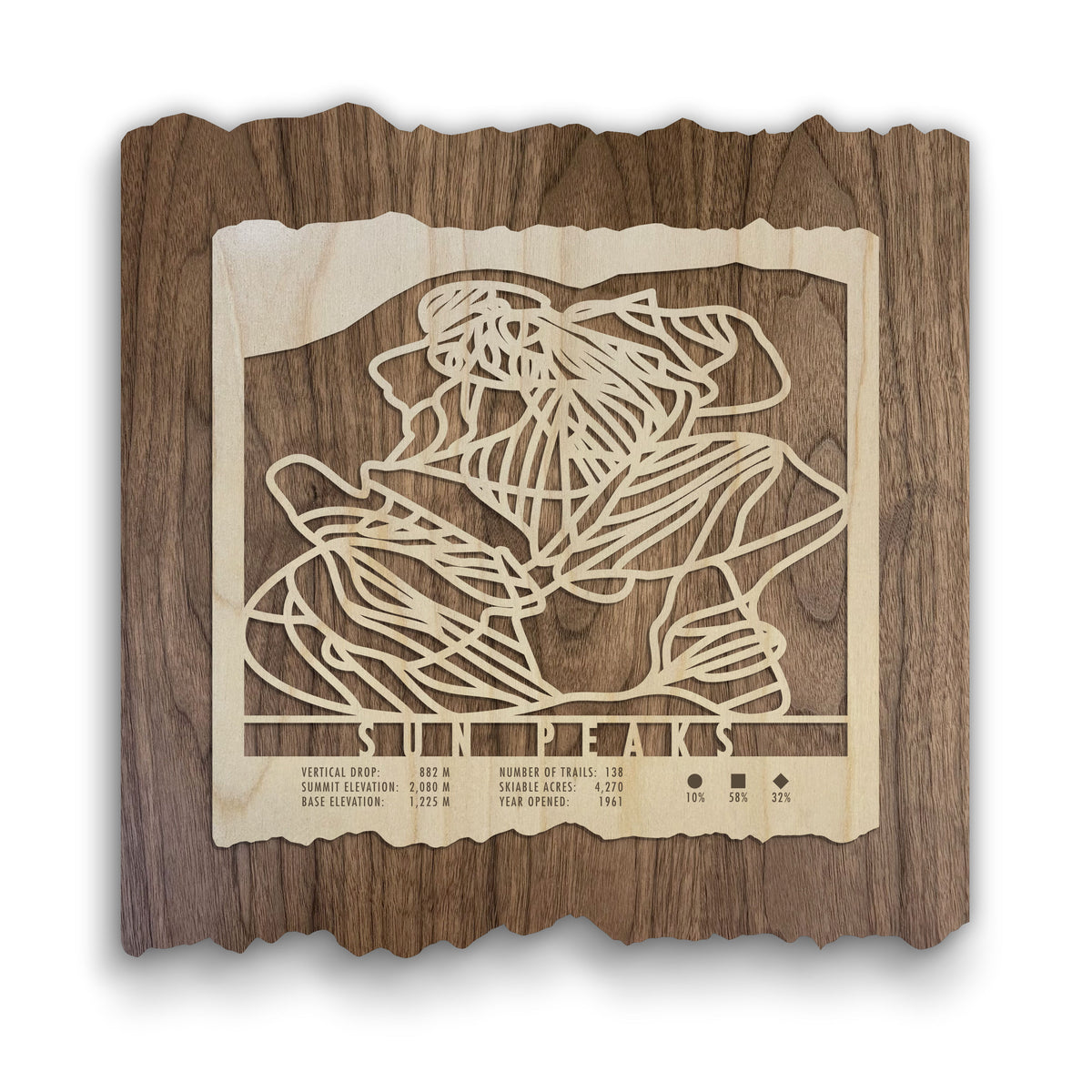 Sun Peaks Ski Trail Map - Wood Wall Decor by Mountaincut featuring intricate laser-cut ski runs on natural wood, ideal for ski-themed home decor.