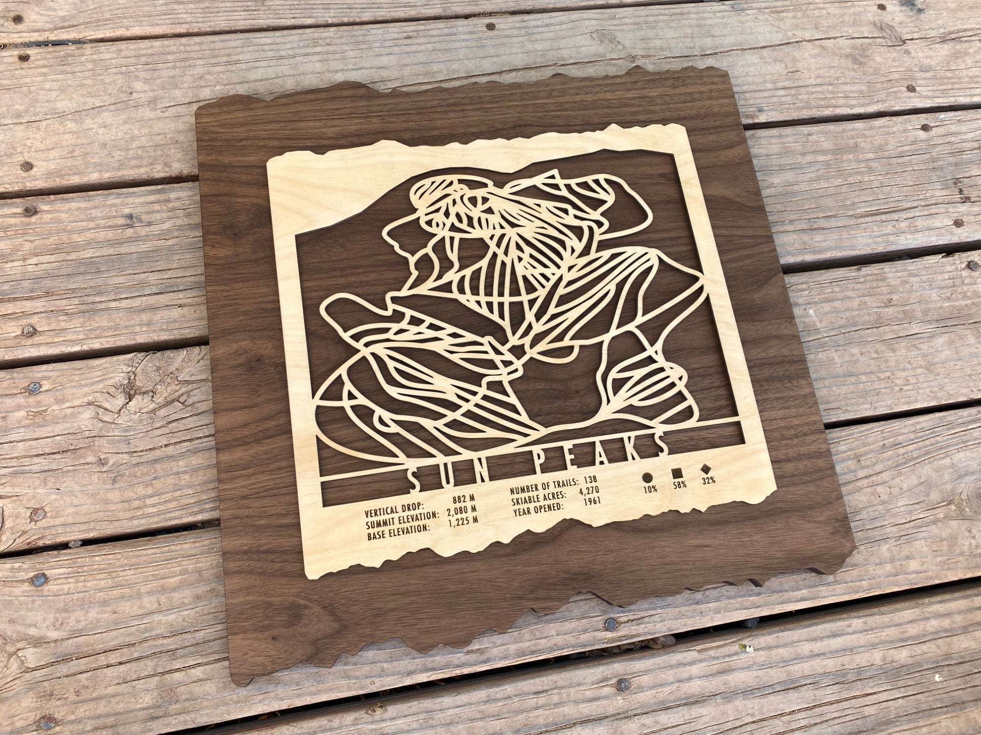Wooden Sun Peaks Ski Trail Map decor piece displayed on rustic wooden floor, perfect for lodge or cabin wall art in ski-themed interiors.