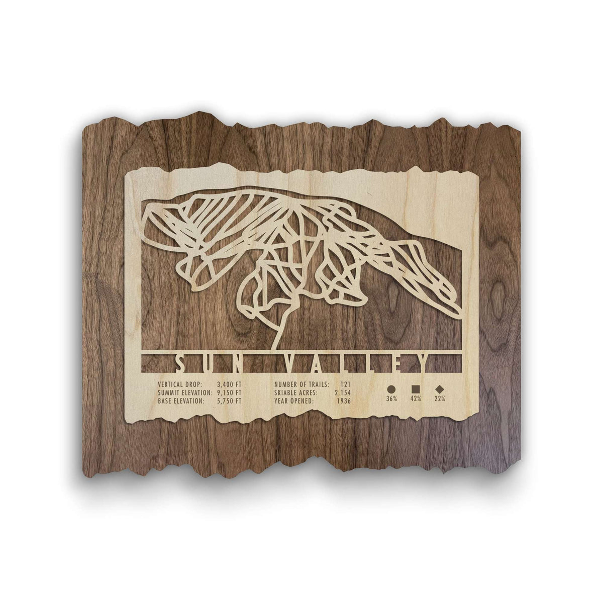 Sun Valley Ski Trail Map by Mountaincut wood artwork featuring intricate ski trail design and resort stats, ideal for ski lodge decor.
