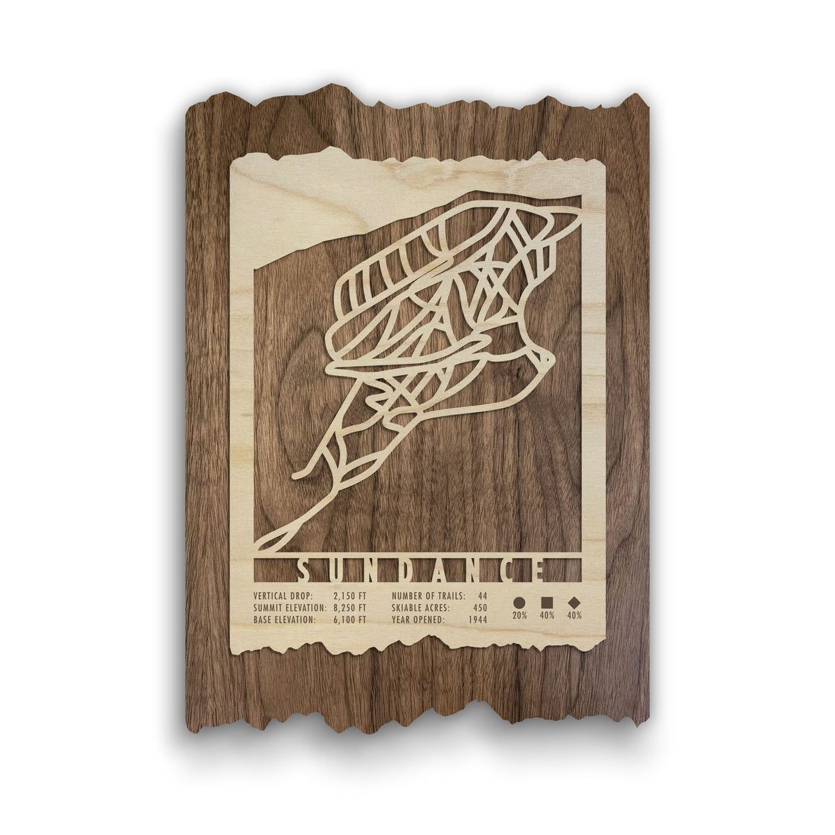 Sundance Ski Trail Map - Wood Ski Decor by Mountaincut - wall art featuring laser-cut ski trails on natural wood, perfect for ski lodge or home decor.