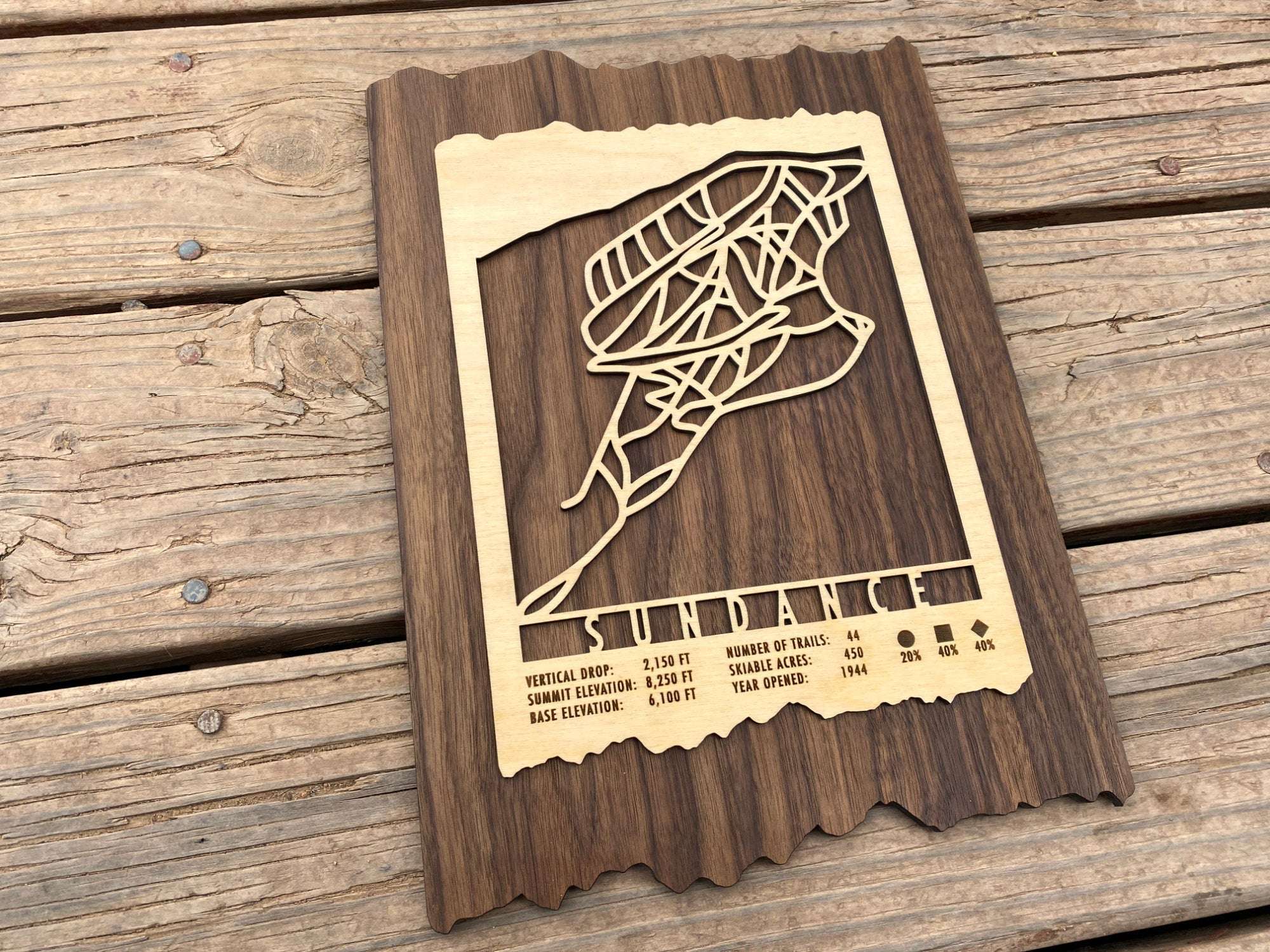 Wooden Sundance Ski Trail Map by Mountaincut displayed on rustic wood background, ideal ski-themed wall decor for home or cabin.