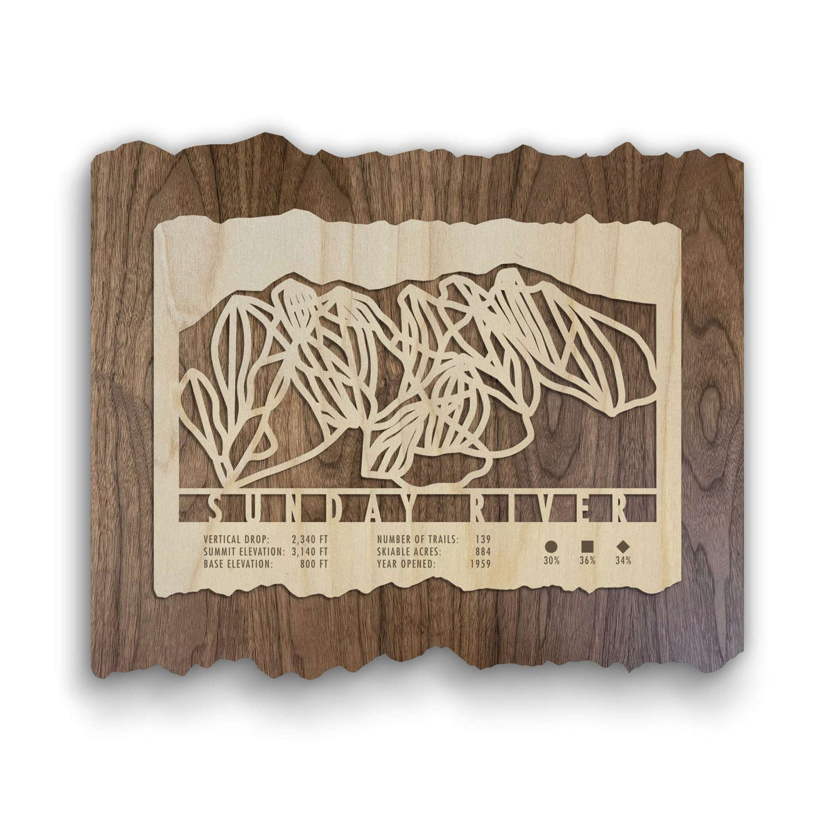 Sunday River Ski Trail Map - Wood Ski Decor - featuring laser-cut trails on natural wood, ideal for ski home wall art.