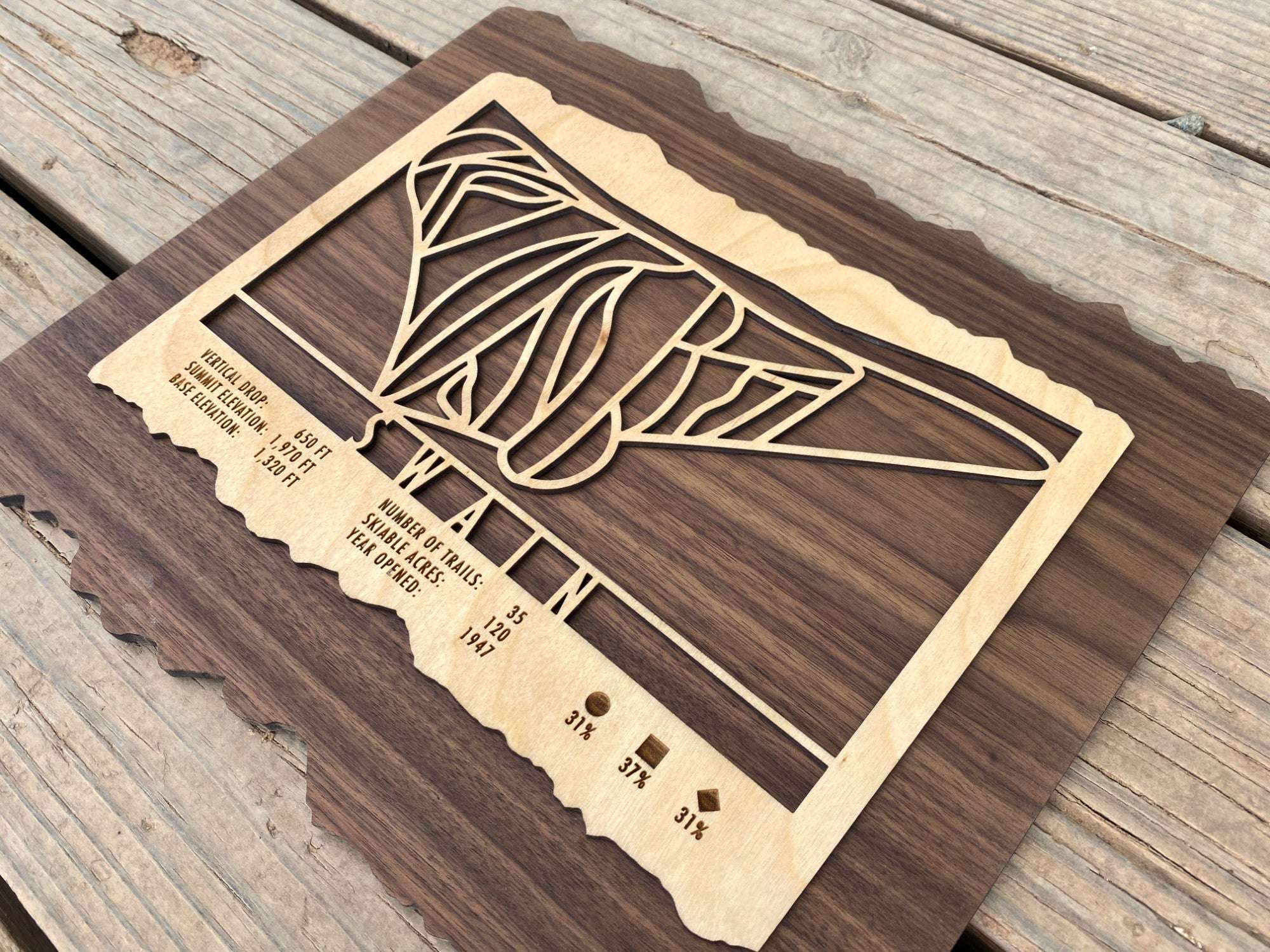 Swain Ski Resort Trail Map - Wall Decor - Mountaincut wooden ski map with engraved trail layout and resort details, ideal for ski-themed interiors.
