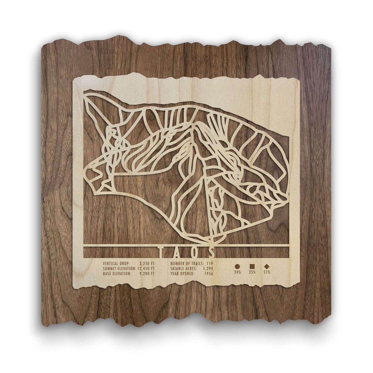 Taos Ski Trail Map - Wood Ski Decor by Mountaincut featuring laser-cut ski runs on dark wood, ideal for ski home wall art or gifts for skiers.