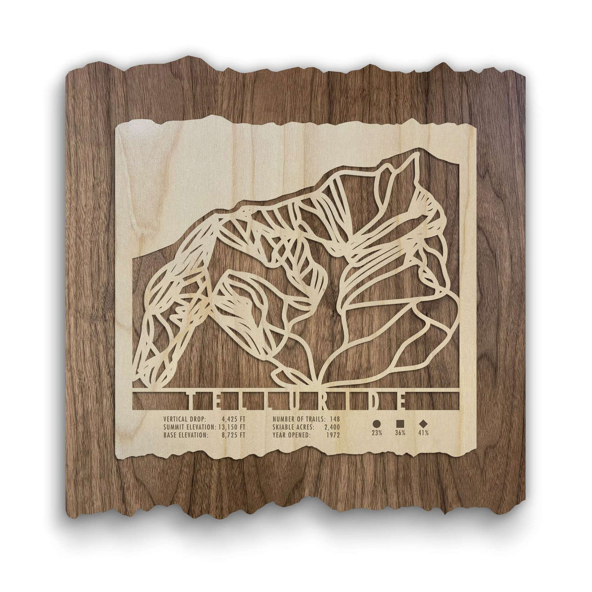 Telluride Ski Trail Map - Wood Ski Decor - Mountaincut featuring laser-cut ski runs on natural wood with trail stats. Unique wall art for ski lovers.
