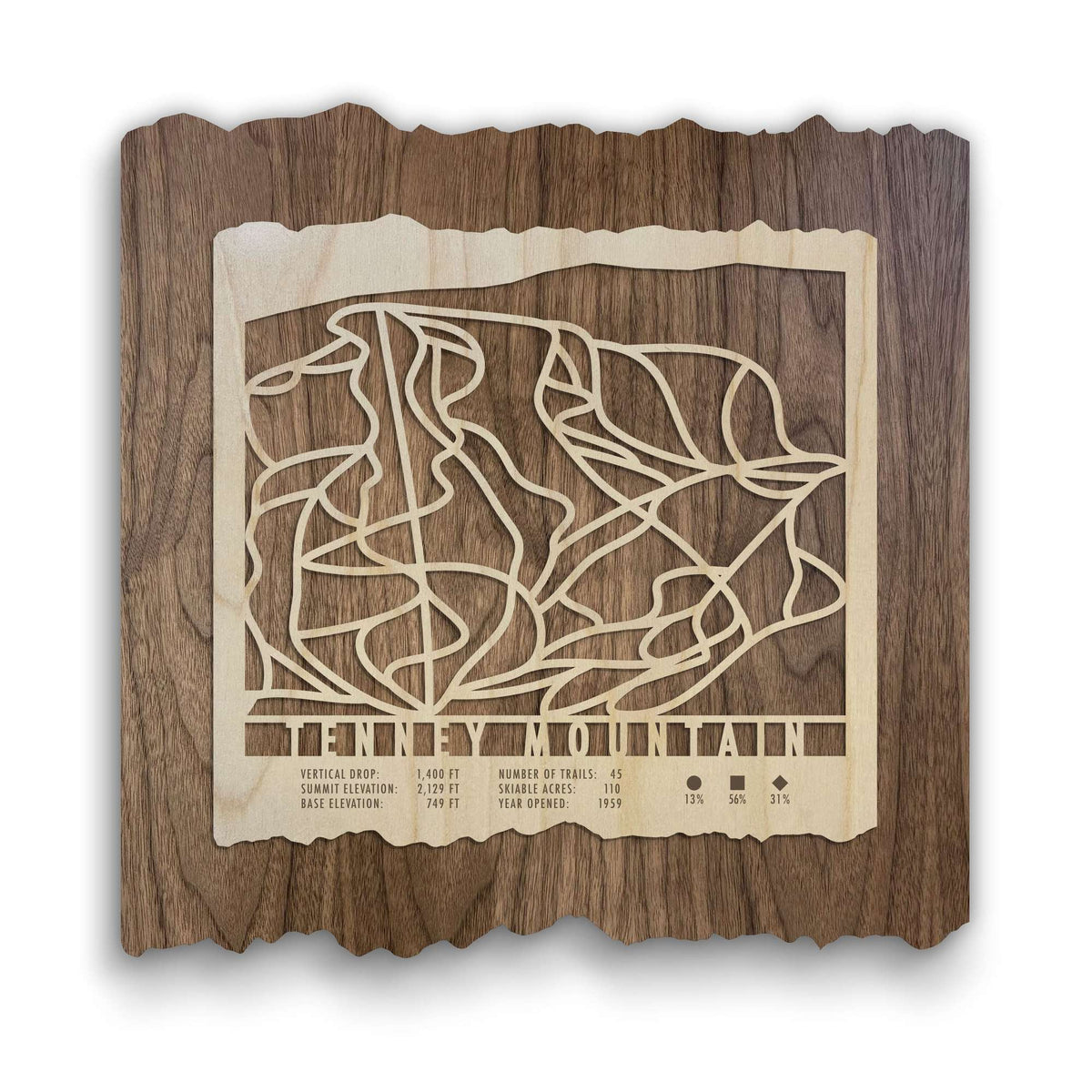 Tenney Mountain Ski Trail Map - Wood Ski Decor by Mountaincut featuring laser-cut ski trails on a dark wood background, perfect for ski homes.