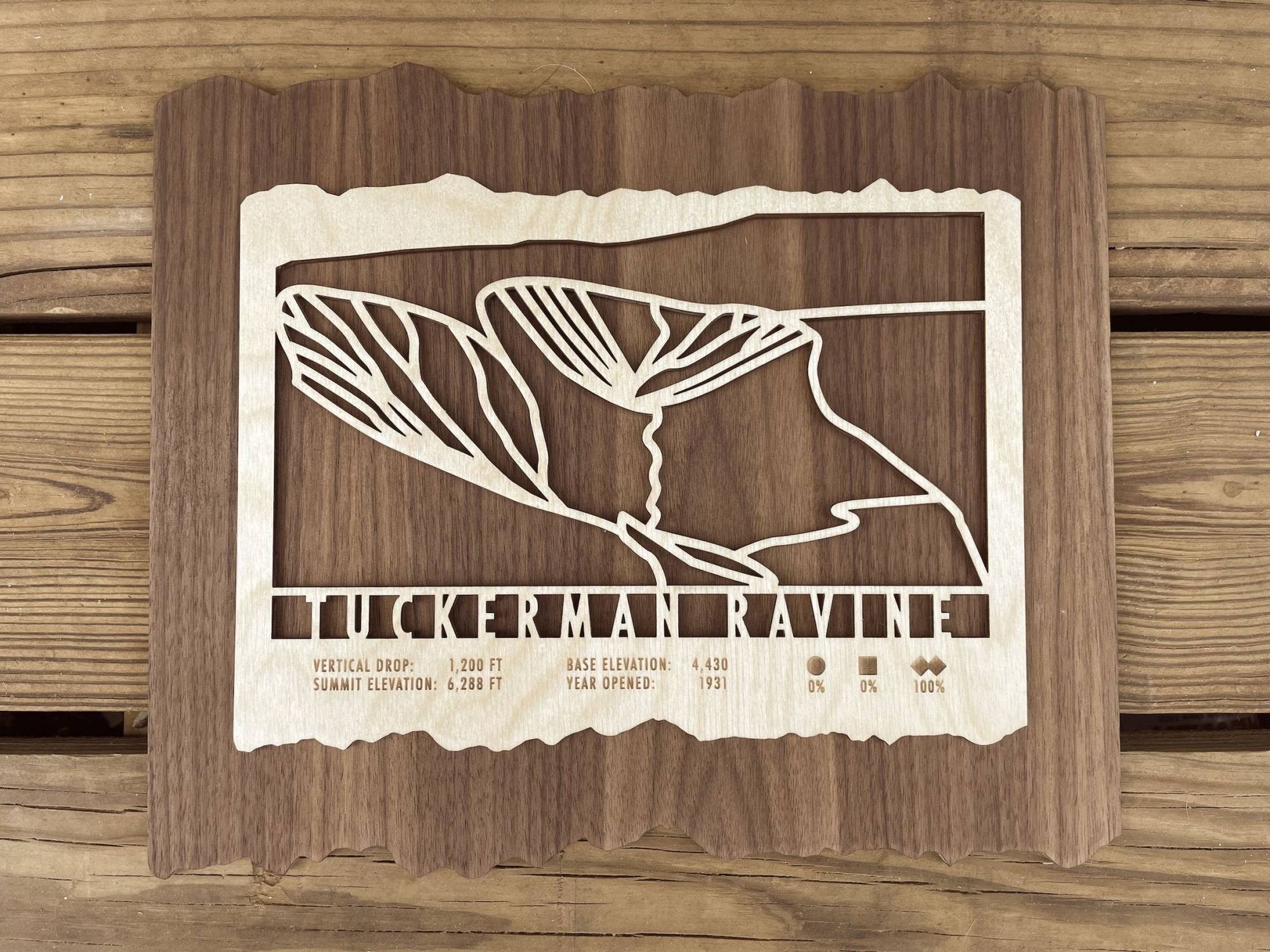 Rustic Tuckerman Ravine Map - Wood Ski Decor on natural wood background, showcasing elevation stats and trail cutout for ski-themed wall art.