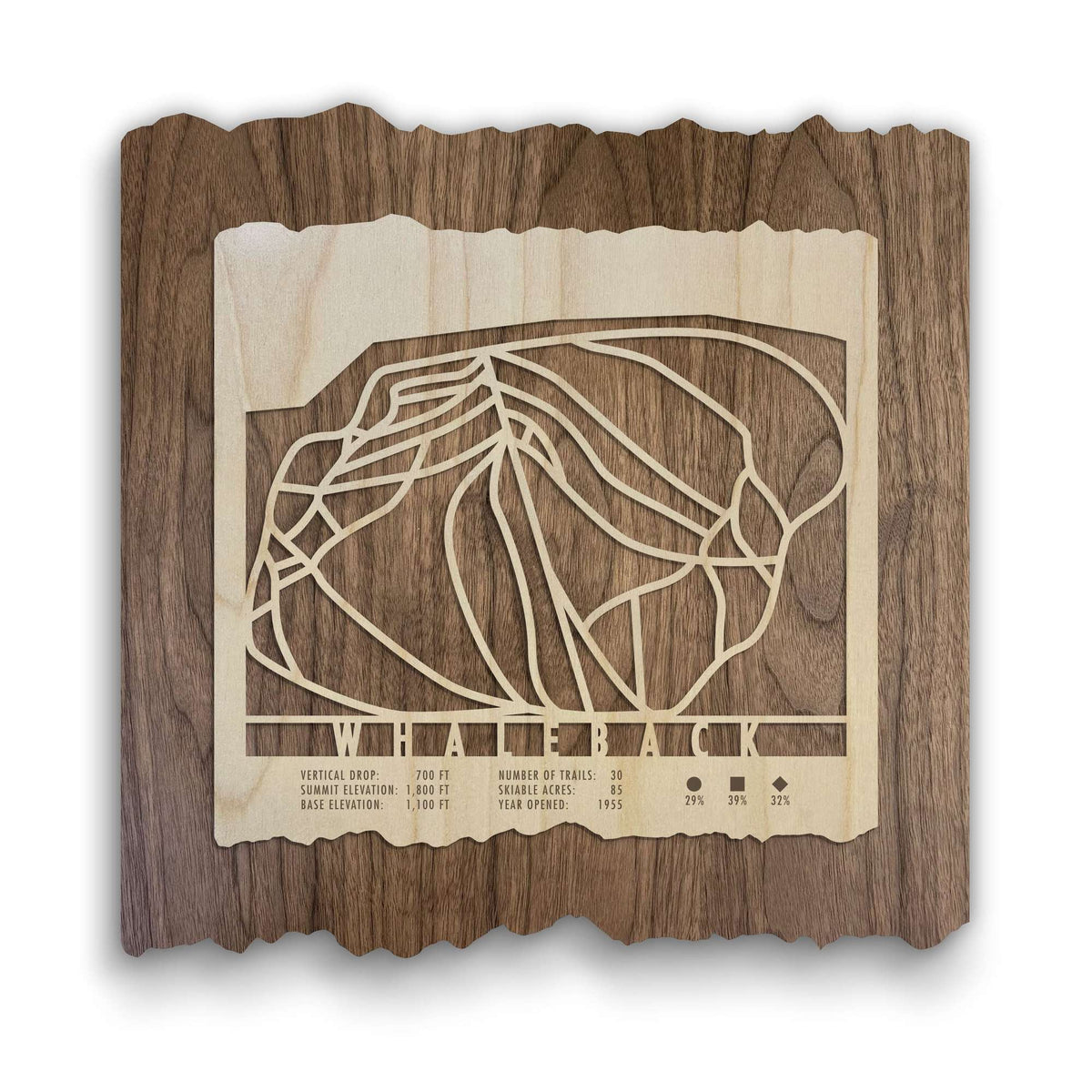 Whaleback Mountain Ski Trail Map - Wood Ski Decor - Mountaincut wall art featuring engraved ski trails on natural wood, ideal for ski homes.