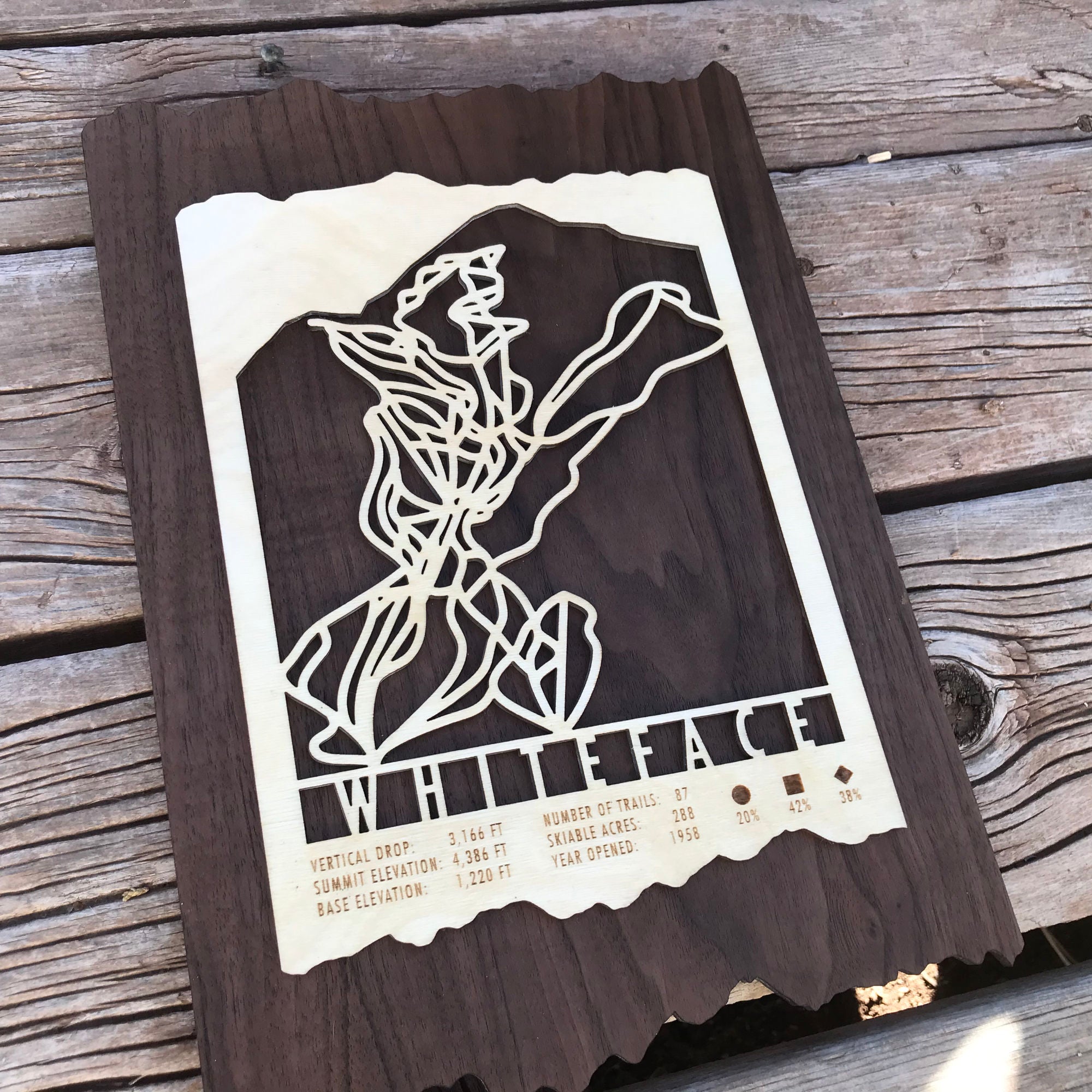 Wooden Whiteface Mountain ski trail map decor by Mountaincut, showcasing intricate trail design and engraved resort details, perfect ski gift.
