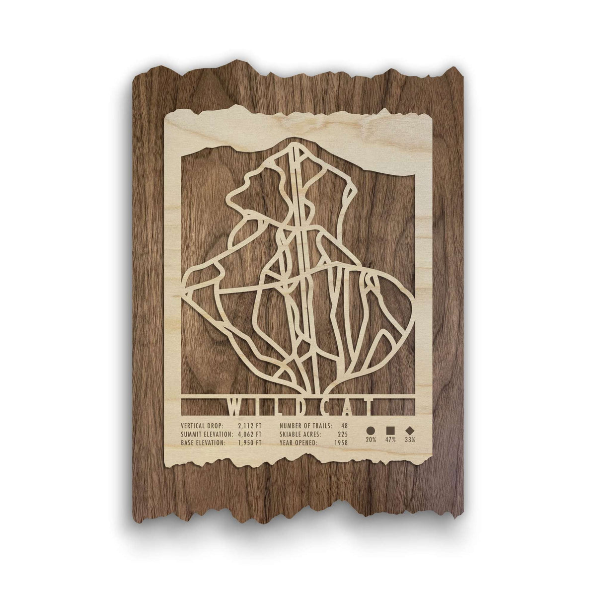 Wildcat Ski Trail Map - Wood Ski Decor by Mountaincut featuring laser-cut ski trails on natural wood, ideal for rustic home wall art.
