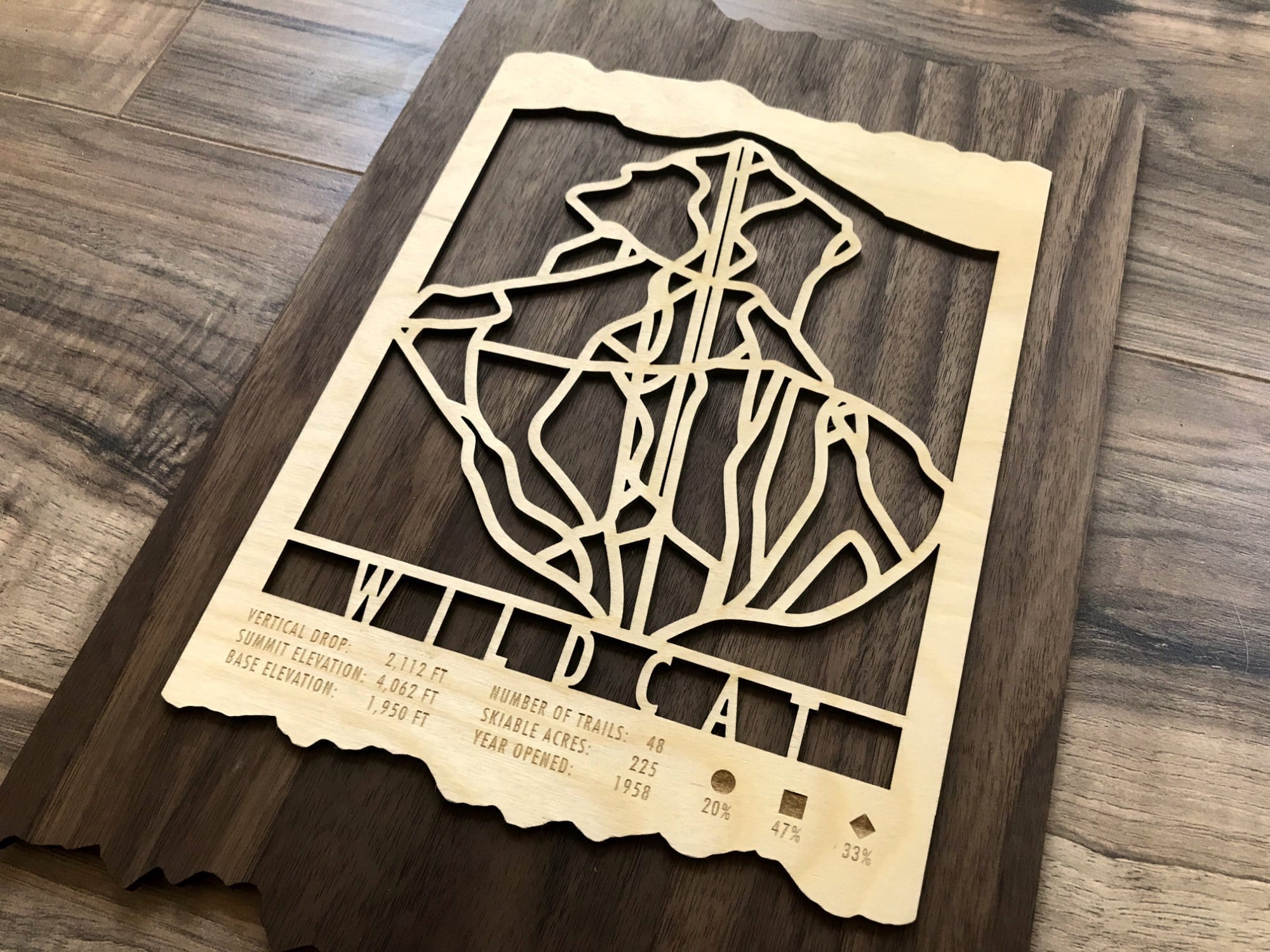Angled view of Wildcat Ski Trail Map - Wood Ski Decor showing detailed trail lines and engraved ski stats, perfect for ski-themed home decor.