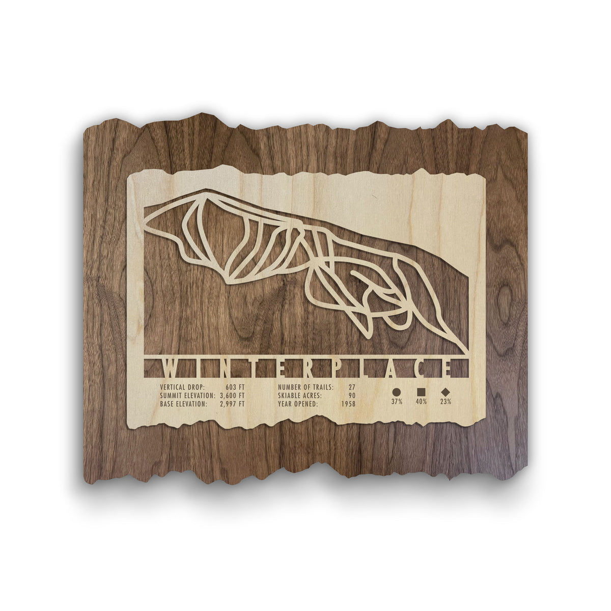 Winterplace Ski Trail Map - Wood Ski Decor by Mountaincut wall art featuring engraved ski trails on rustic wood, perfect for ski-themed home decor.