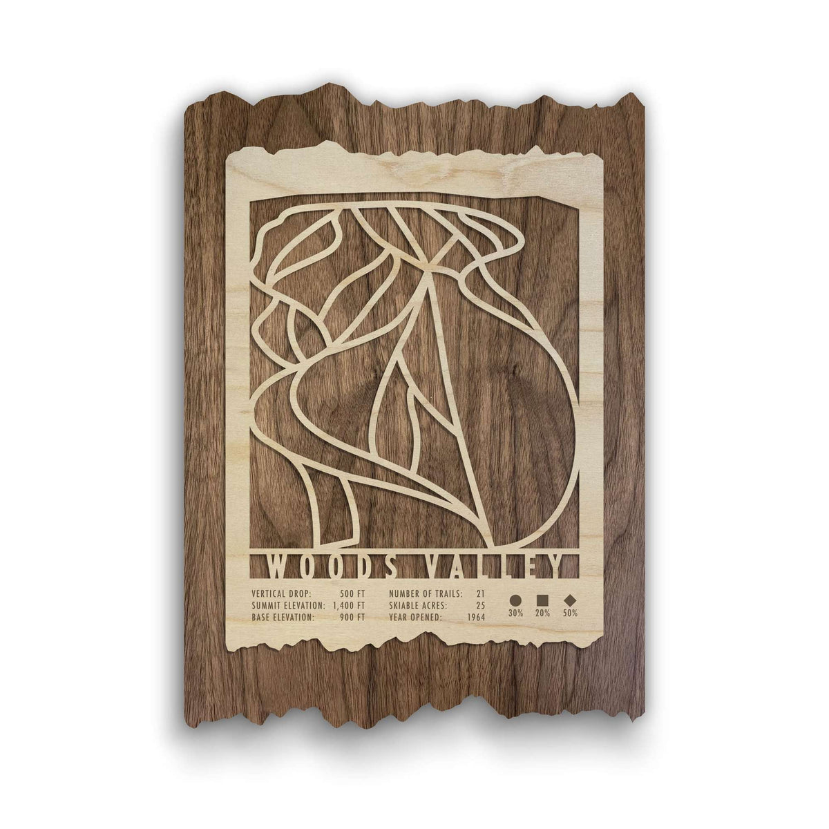 Woods Valley Ski Trail Map - Ski Decor - MountainCut wooden wall art featuring laser-cut ski trails and resort stats, ideal for ski homes or offices.