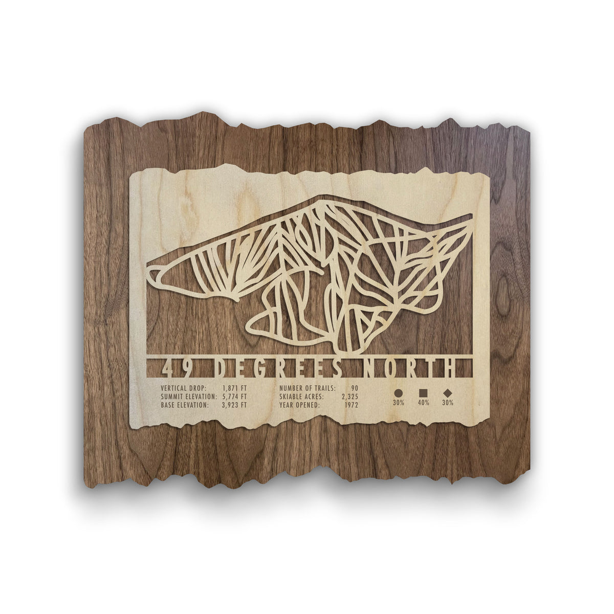 49 Degrees North Ski Trail Map - Wood Wall Decor by Mountaincut featuring laser-cut trail lines on natural wood, ideal for Washington ski lovers.